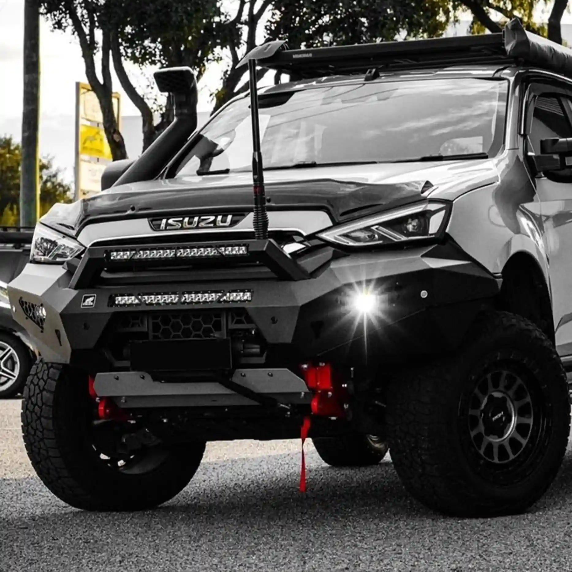 Right-angle front shot of the Offroad Animal Predator Bull Bar fitted to an Isuzu MU-X 2021–2024. Elevated 4x4’s expert fitting provides perfect alignment, improved airflow, and enhanced off-road safety. Built for families who tour hard — where premium protection meets modern design.