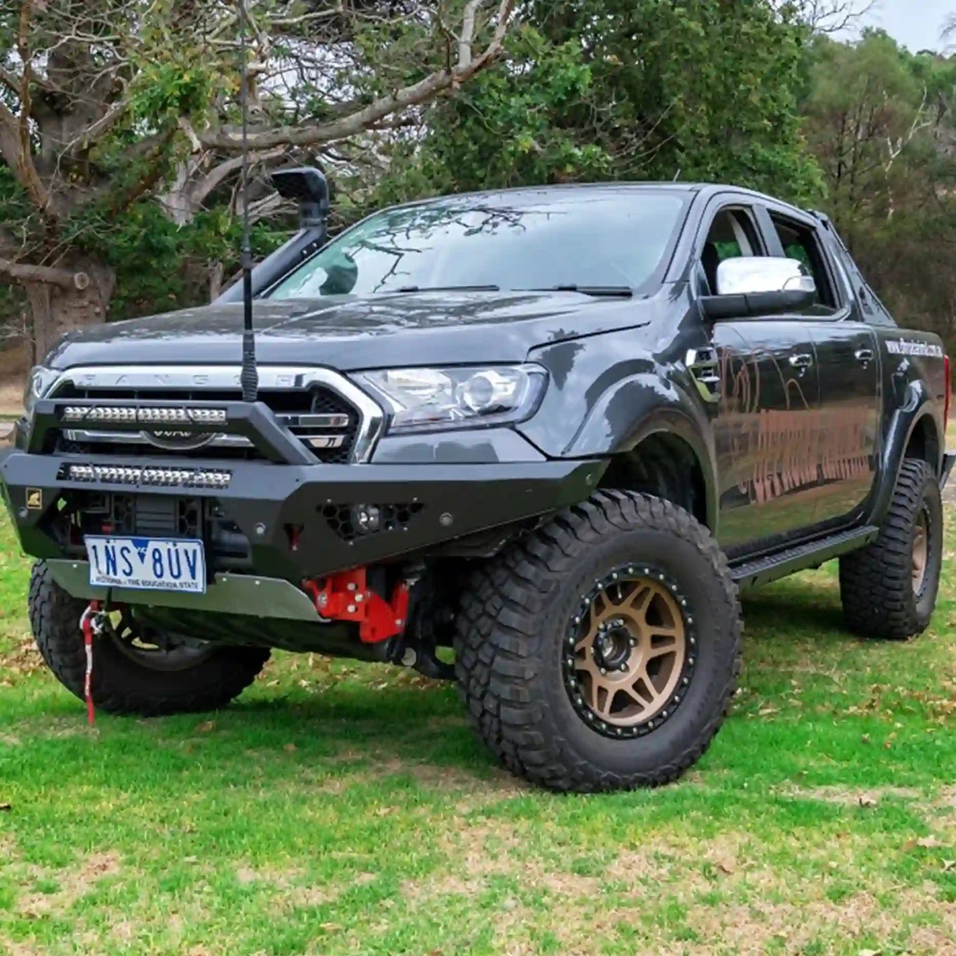 Right-angle installed view of the Offroad Animal Predator Bull Bar on a Ford Ranger PX3, featuring the stealthy matte black finish and rugged off-road profile. Elevated 4x4 brings this high-performance bull bar to Australian drivers seeking exceptional protection, airflow, and aggressive design for their 4WD build.