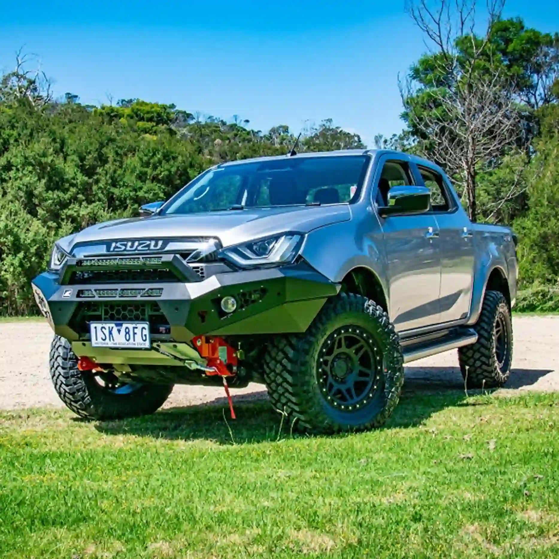 Right-side angle showcasing the Offroad Animal Predator Bull Bar on an Isuzu D-MAX, powder-coated in matte black for durability and style. Engineered and fitted by Elevated 4x4, this robust 4WD bull bar merges aesthetics and strength, offering effortless winch fitment, high-lift jack points, and unrivaled toughness for Australian terrain.