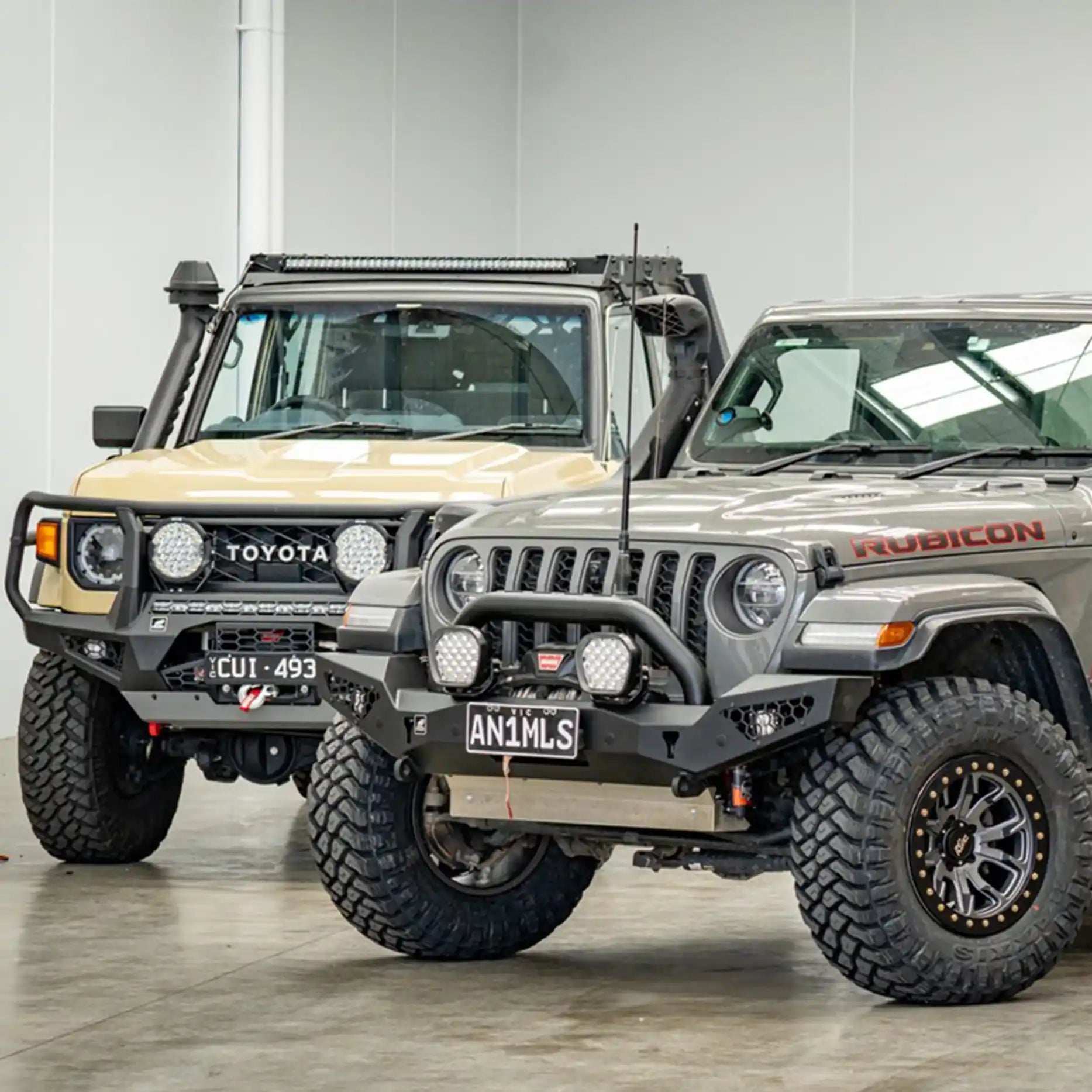 Right-profile shot of the Offroad Animal Predator Bull Bar on a Jeep Wrangler JL, showcasing winch-ready design and factory fog light compatibility. With Elevated 4x4’s expert setup, this bar transforms your Jeep into a confident, capable off-road beast built for Australian terrain.