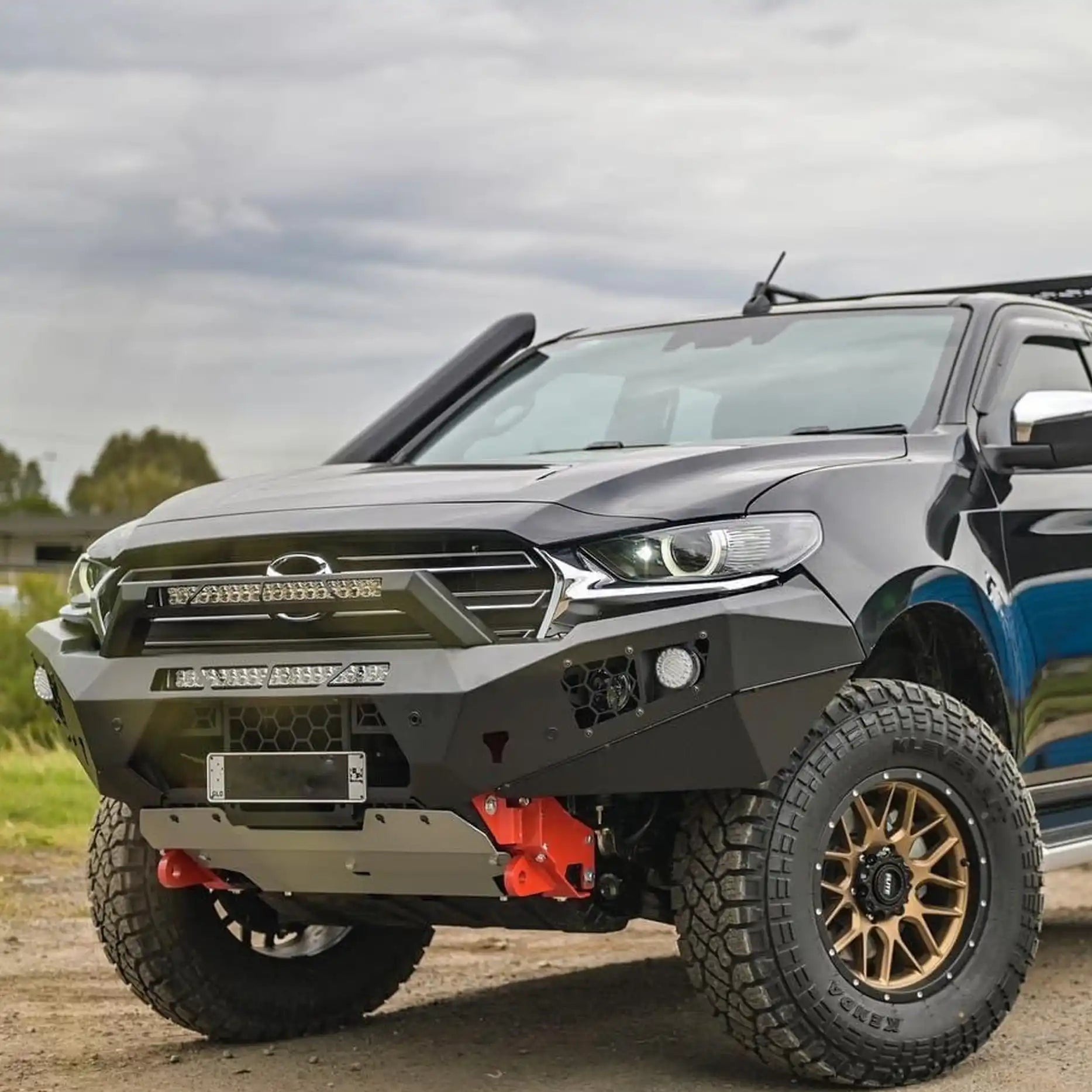 Right-side view of the Offroad Animal Predator Bull Bar in matte black on a Mazda BT-50, highlighting its aggressive stance and ADR-compliant design. Elevated 4x4 engineers smarter protection that blends strength, aerodynamics, and modern 4WD style.