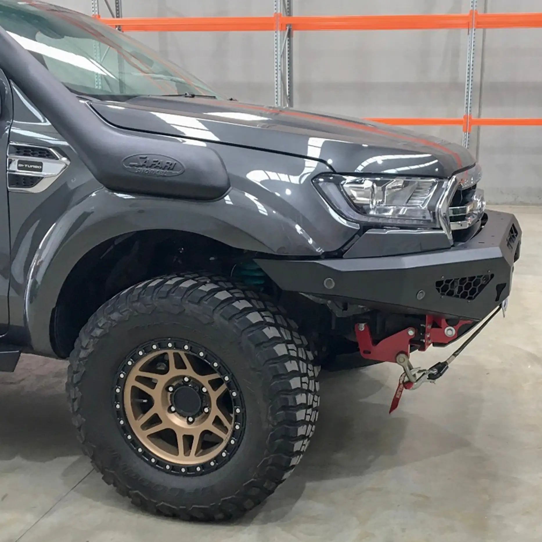 Side-angle view of the Offroad Animal Predator Bull Bar on the Ford Ranger PX2, showing off its compact fitment, precision welds, and airflow design. Elevated 4x4 provides this high-quality upgrade engineered for performance, durability, and aesthetic appeal — ideal for Australian 4WD enthusiasts who want a lighter, stronger, and more stylish front bar.