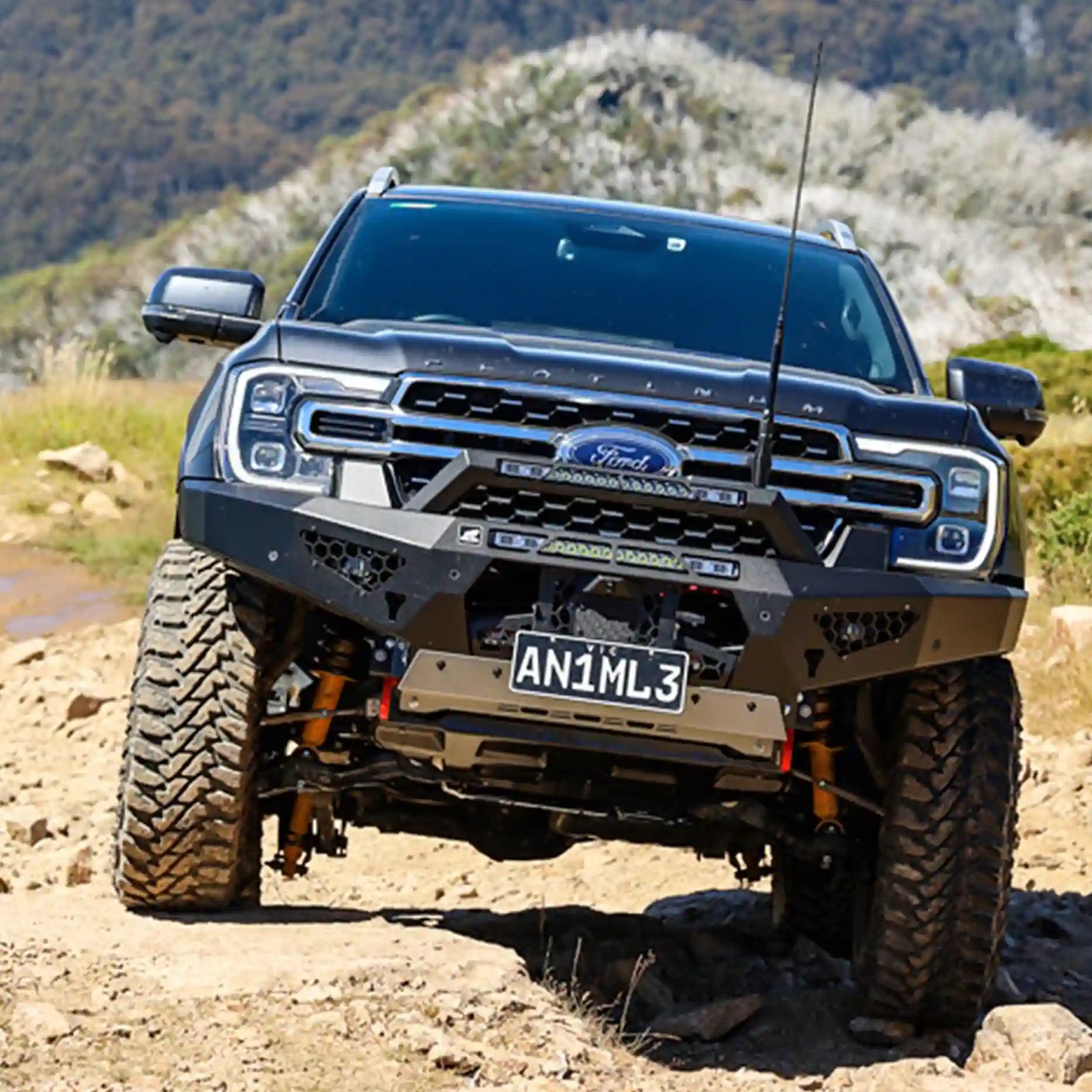 Offroad Animal Predator Bull Bar with optional top stealth hoop and integrated 22-inch LED light bar on a Next Gen Ford Ranger RA. Elevated 4x4 brings this stylish yet functional setup that improves night visibility, adds off-road character, and ensures top-tier durability. Built for the wild Australian terrain, this setup defines the perfect balance of aggression and utility.