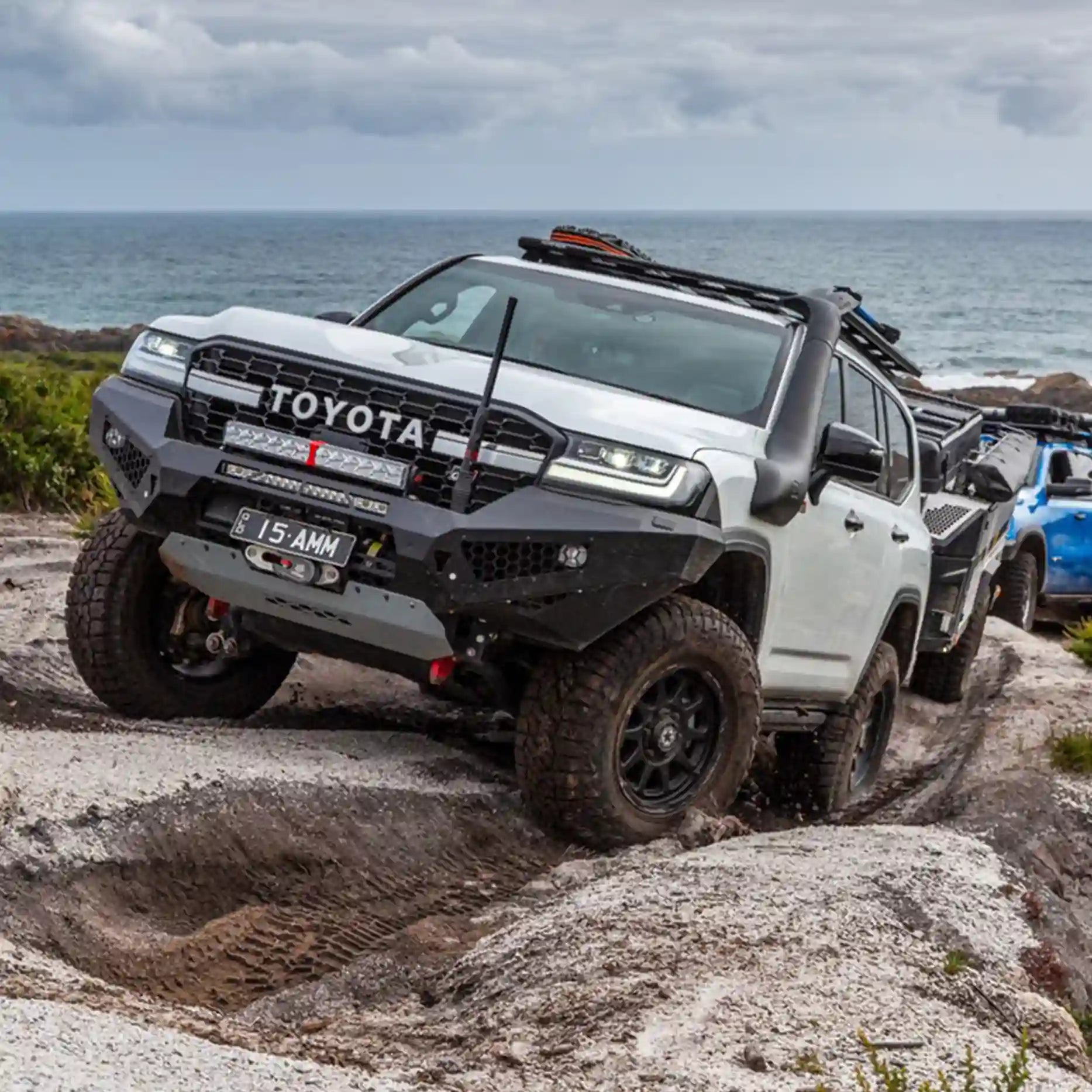 Left side view of the Offroad Animal Predator Bull Bar fitted to a Toyota Land Cruiser 300 Series, displaying its clean fitment, adaptive cruise compatibility, and strong welded wings. Expertly fitted by Elevated 4x4, it enhances both durability and performance for 4WD owners throughout Maitland and Rutherford.