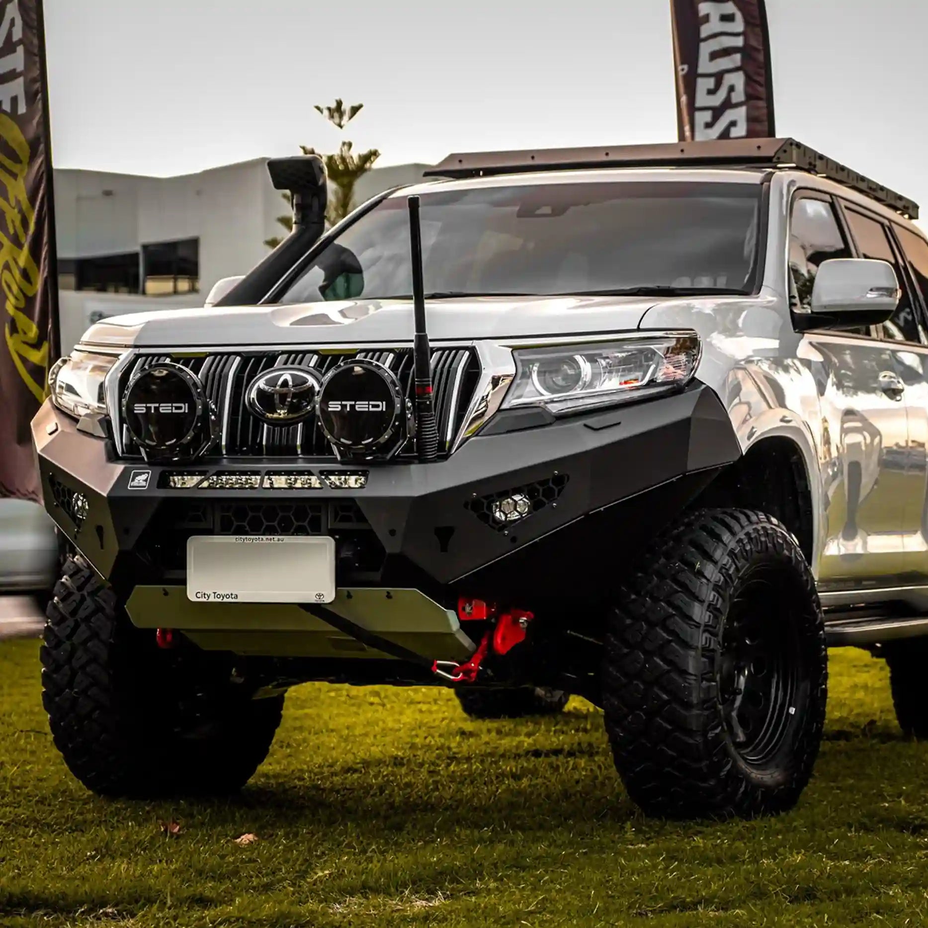 Left side profile of the Offroad Animal Predator Bull Bar on a Toyota Prado 150 Series, featuring strong wing design, zinc plating, and perfect factory alignment. Elevated 4x4 delivers expert fitment trusted by off-road drivers throughout Nelson Bay and the Central Coast.