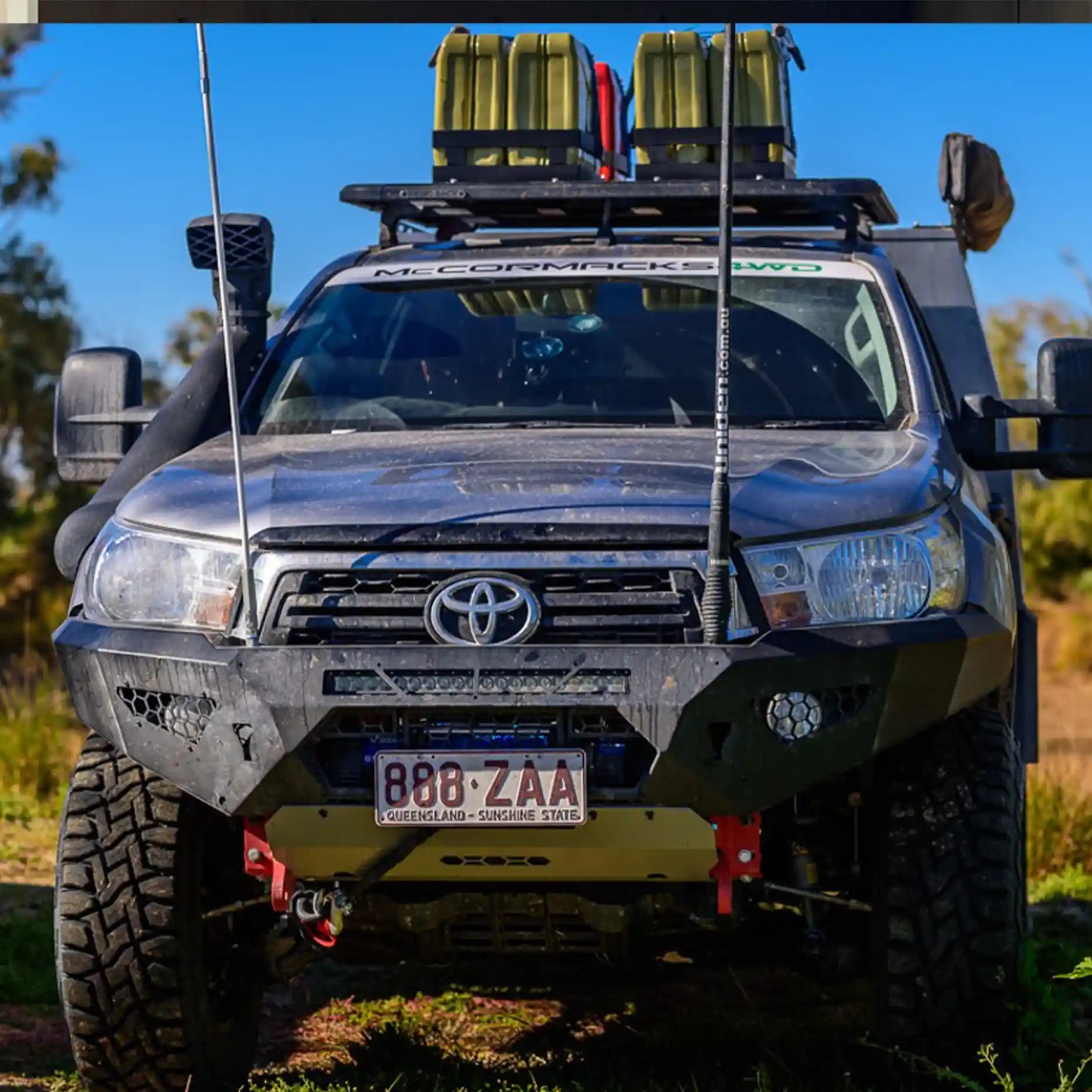 Close front shot of the Offroad Animal Predator Bull Bar fitted on a Toyota Hilux N80, highlighting the integrated LED light mount and precision winch compatibility. Designed for durability and airflow efficiency, this bar from Elevated 4x4 adds both function and flair to your 4WD setup across Cardiff and the Central Coast.