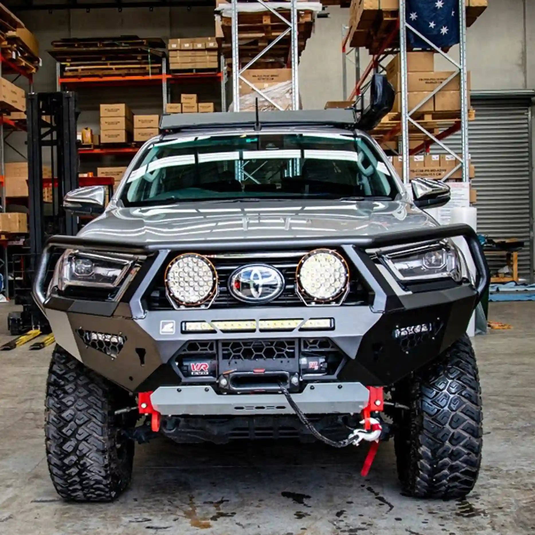 Front view of the Offroad Animal Toro Bull Bar on a Toyota Hilux N80 MY21, featuring a bold, full-width steel design with superior airflow and winch compatibility. Crafted for strength and style by Elevated 4x4, it delivers next-level off-road protection and rugged appeal for drivers across Newcastle and the Hunter Valley.