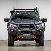 Front view of the Offroad Animal Toro Bull Bar installed on a 2024 Isuzu D-MAX facelift, finished in matte black by Elevated 4x4. Designed for superior airflow, winch and light integration, and ADR compliance, this front bar delivers unbeatable strength and sleek, aggressive styling — proving Elevated 4x4 is the go-to problem solver for serious off-road performance and safety.