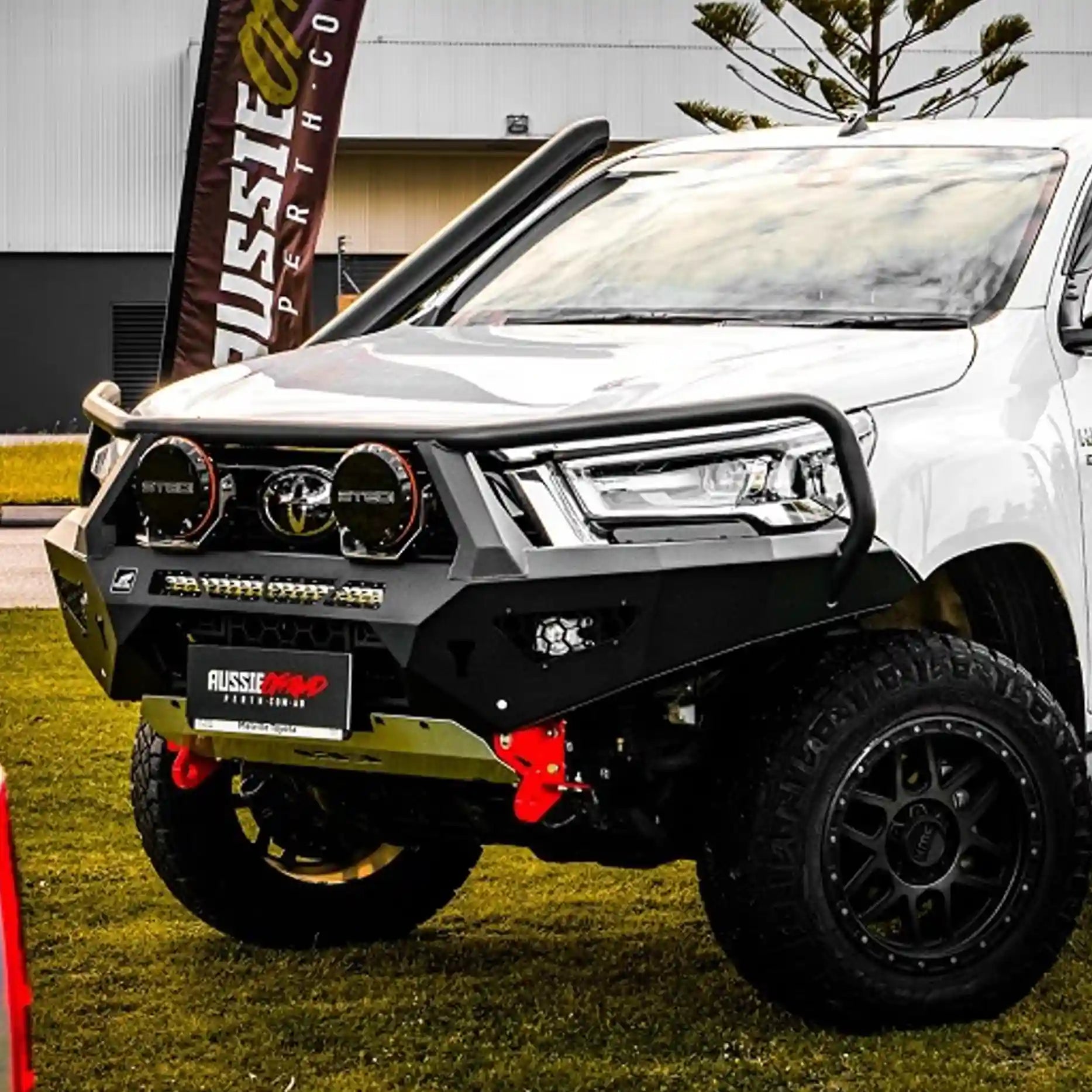 Left side profile of the Offroad Animal Toro Bull Bar fitted to a Toyota Hilux N80 MY21, showing precision mounting, powder-coated finish, and integrated lighting options. Installed by Elevated 4x4, it enhances off-road performance and adds a tough, custom-built look for adventures across Maitland and Rutherford.