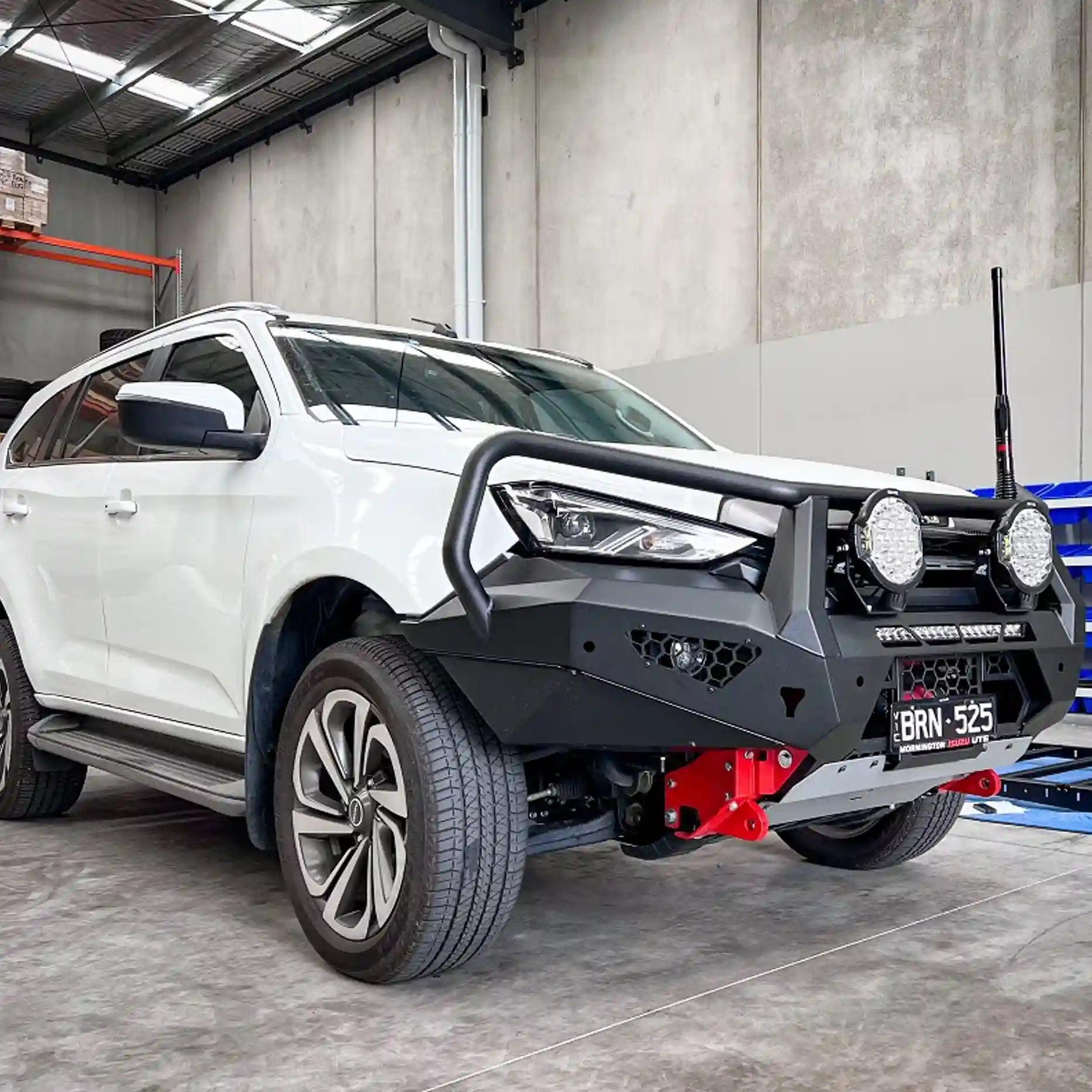 Left-angle view of the Offroad Animal Toro Bull Bar on the Isuzu MU-X, featuring LED light bar integration and precision fitment by Elevated 4x4. Engineered for aggressive looks and superior protection, this setup proves why Elevated 4x4 leads Australia’s 4WD accessory scene with performance-driven problem-solving design.