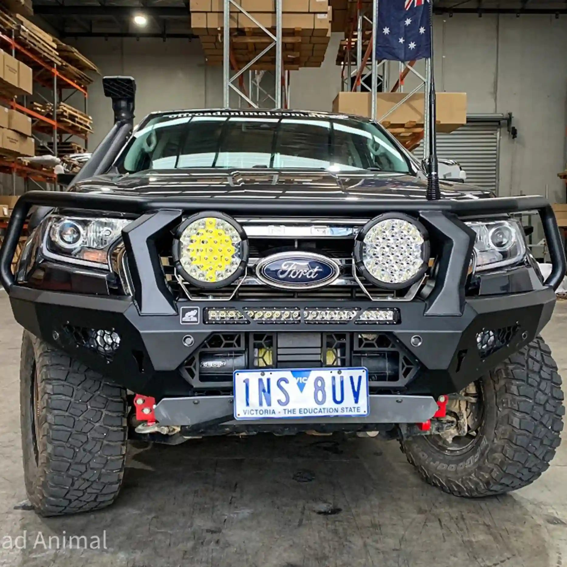 Product display of the Offroad Animal Toro Bull Bar finished in durable matte black, highlighting its precision welds and compact bumper replacement design. Exclusively available through Elevated 4x4, this bar blends rugged style with high performance for off-road setups across Australia. Ideal for drivers seeking a lightweight yet strong alternative to bulky bull bars.