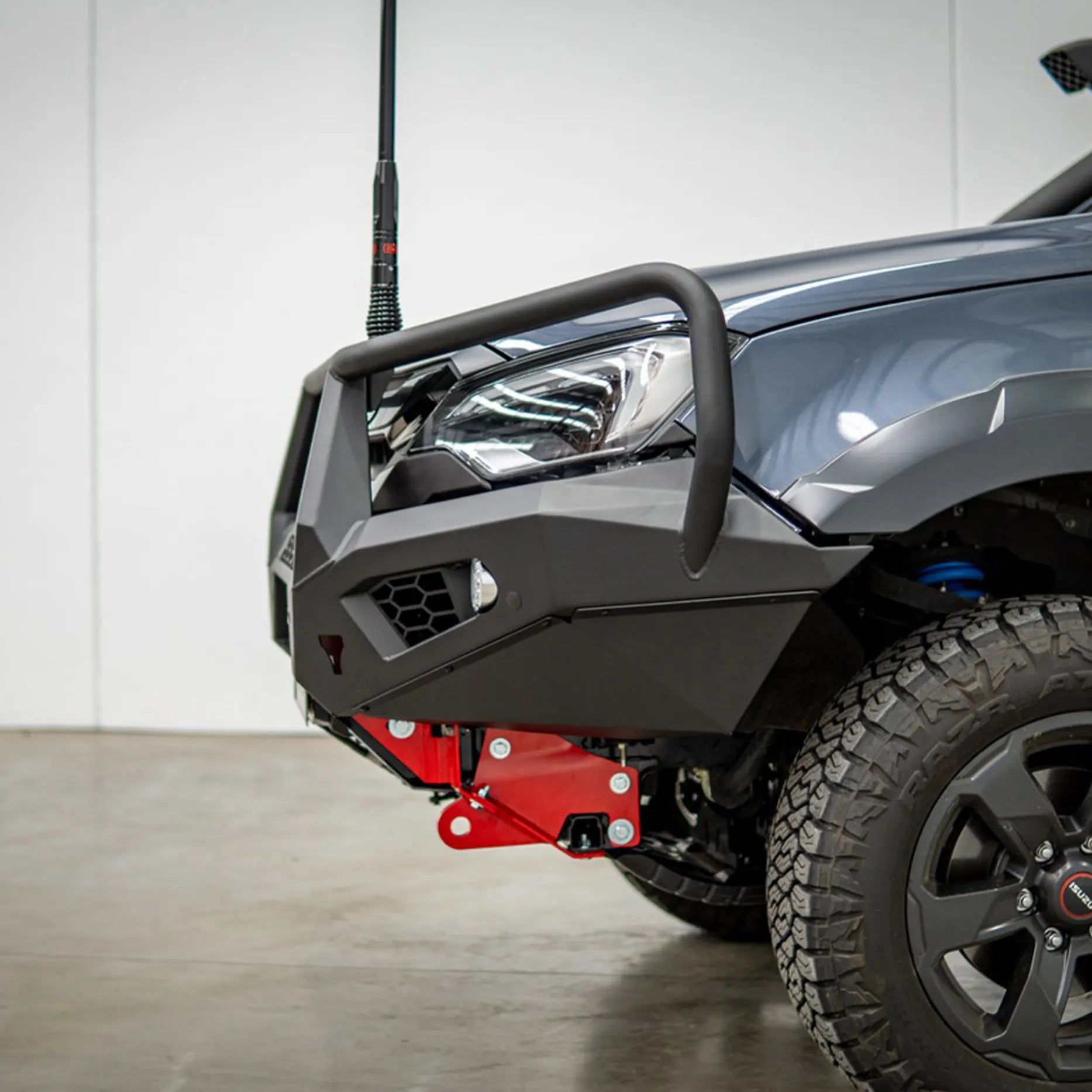 Right-angle view of the Offroad Animal Toro Bull Bar fitted to the MY24 Isuzu D-MAX by Elevated 4x4. The compact, aerodynamic profile offers maximum cooling and winch compatibility while maintaining aggressive styling — perfect for Australian 4WD owners who want premium looks with practical performance.