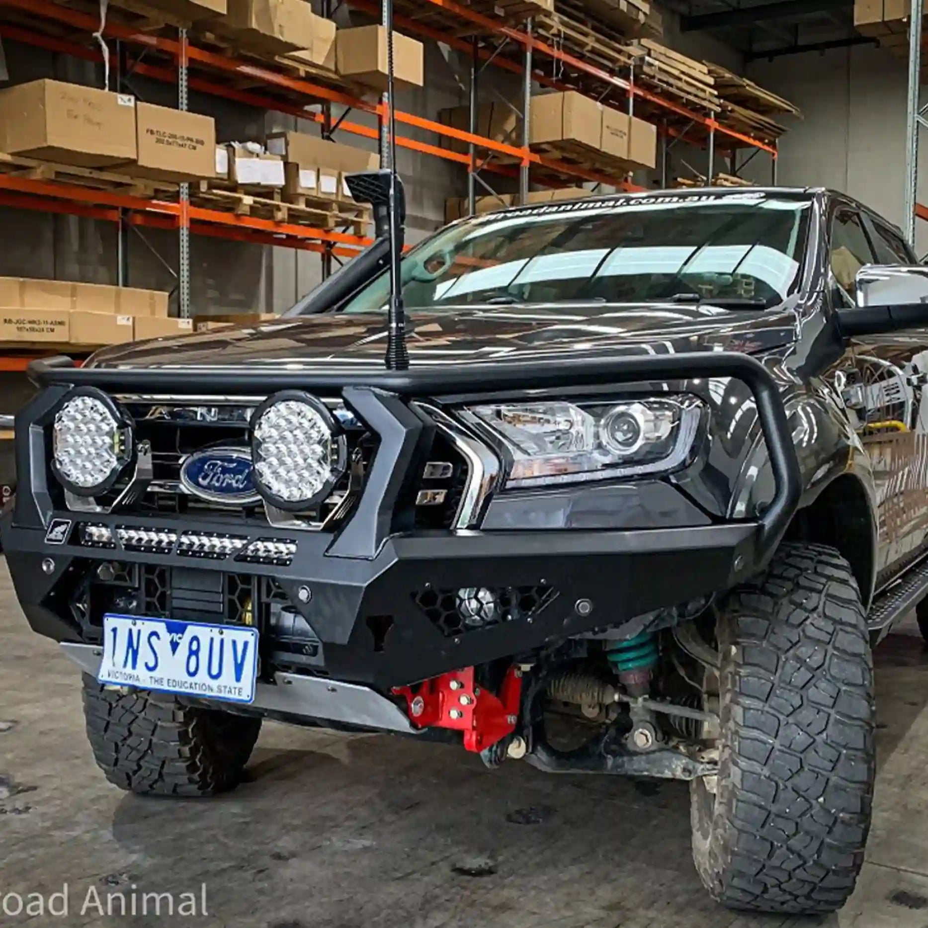Right-angle view of the Offroad Animal Toro Bull Bar installed on a Ford Ranger PX3, showcasing its tight fitment and stealthy integrated LED light bar mount. Elevated 4x4 delivers this off-road-ready bull bar to give your Ranger an aggressive stance with superior airflow and winch compatibility, engineered for Australian 4WD conditions.