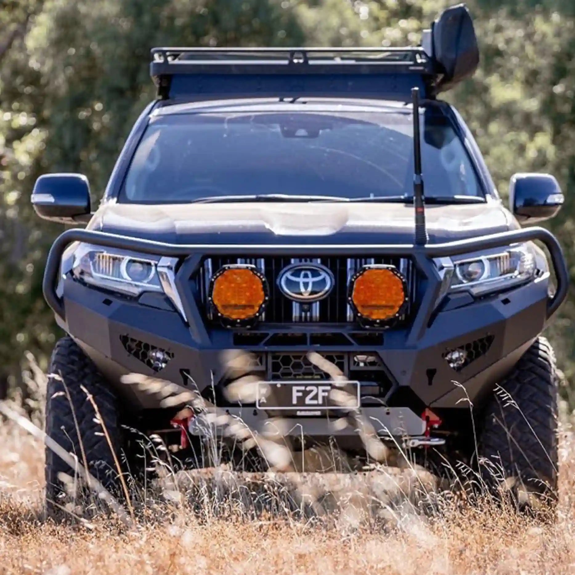 Close-up front angle of the Offroad Animal Toro Bull Bar on a Toyota Prado 150 Series, showing the welded top hoop, powder-coated finish, and radar compatibility. Elevated 4x4 delivers superior installation and craftsmanship, boosting both performance and presence for off-road enthusiasts across Maitland and Rutherford.