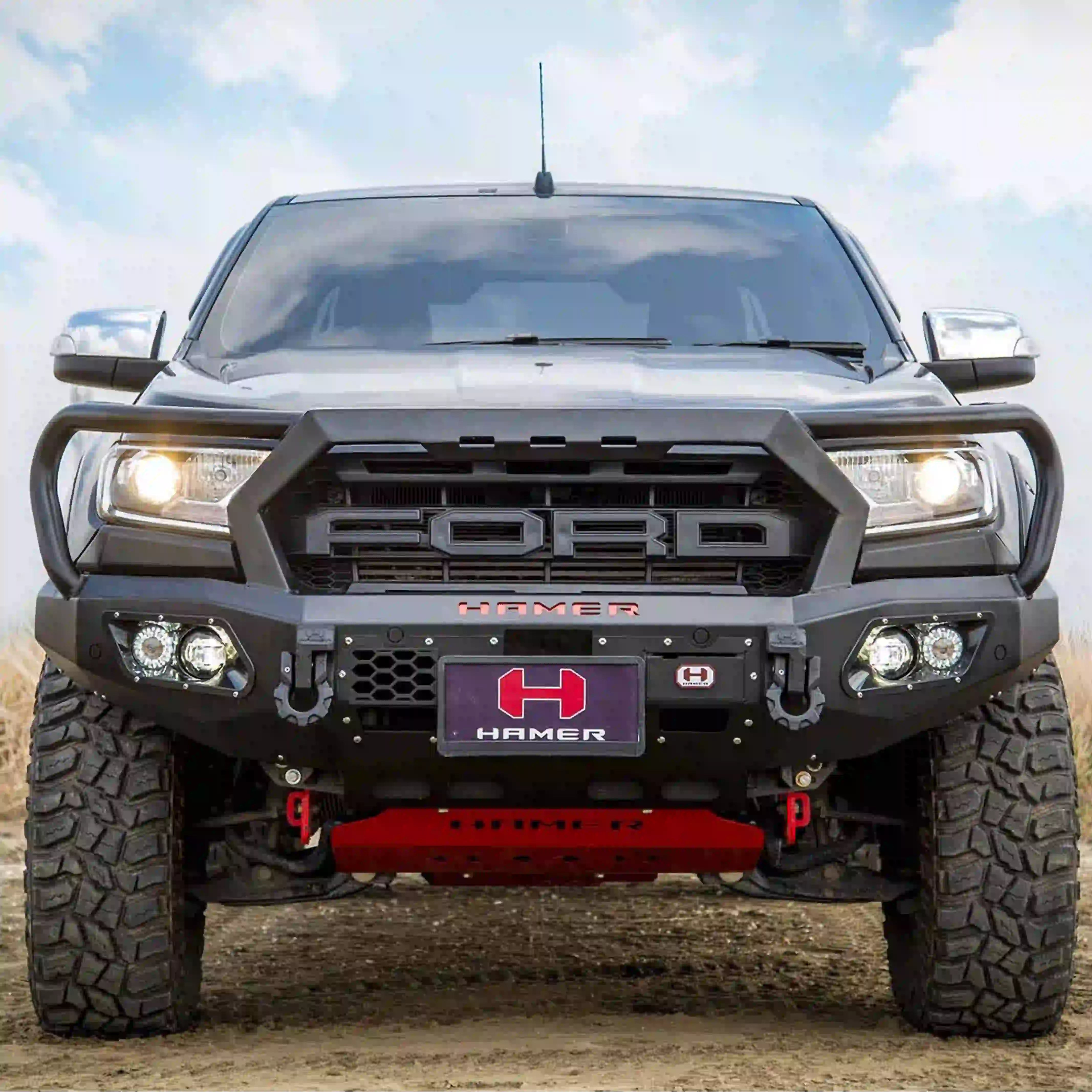 Off-road front view of Hamer 4x4 King Series Plus Bull Bar on Ford Ranger PX2 PX3 (2015–2022), showing rugged bumper replacement with winch-ready access.