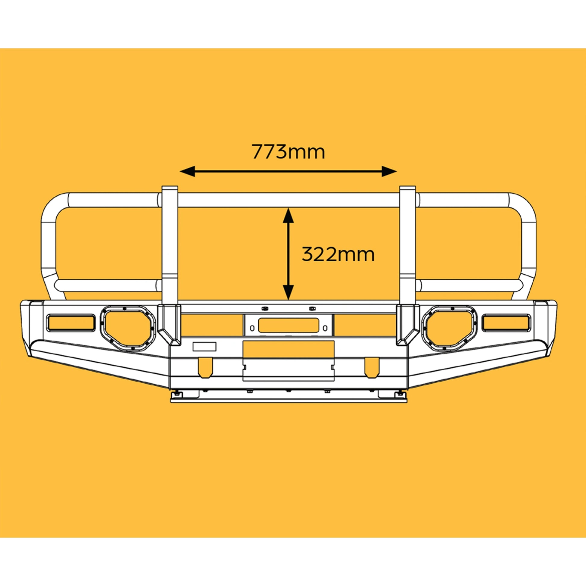front product view oxley bull bar landcruiser 79 series single cab 2024 matte black powder coat driving light mounts elevated 4x4