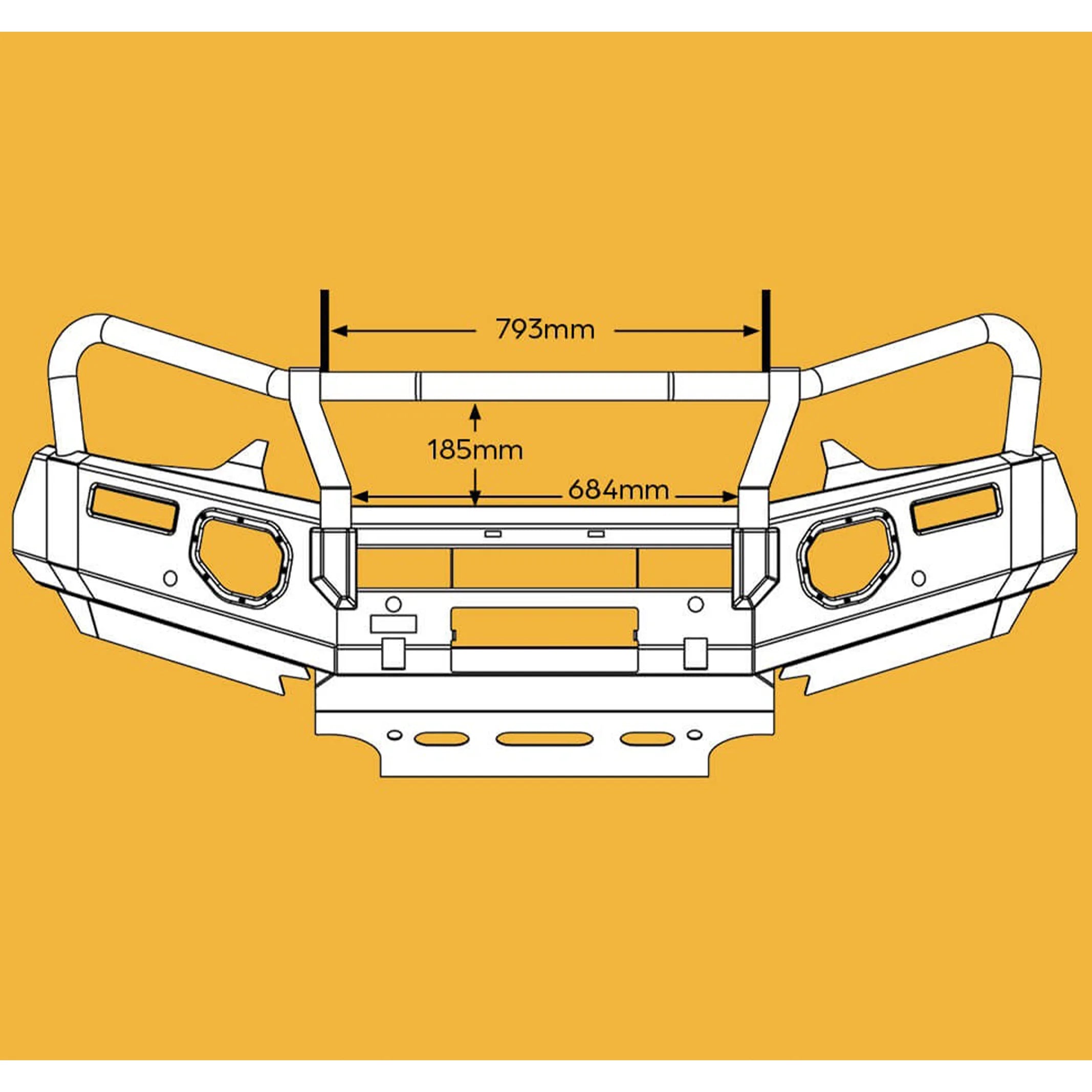 product front view oxley fleet bull bar designed for isuzu dmax adr compliant with fog light housing and antenna tabs elevated 4x4