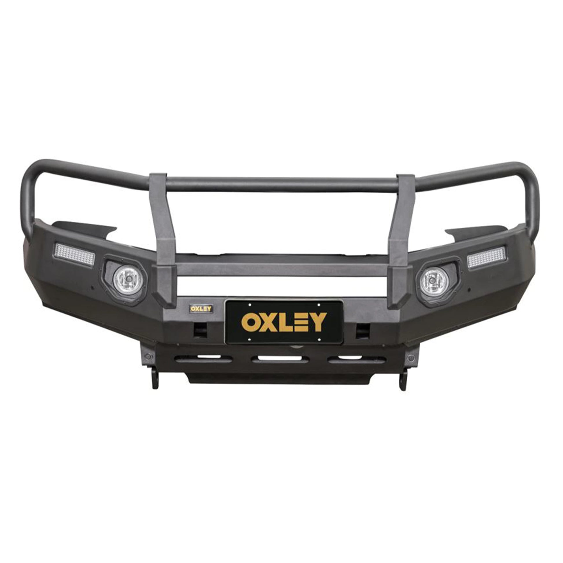product front view oxley fleet bull bar to suit toyota hilux matte black steel with driving light mounts elevated 4x4