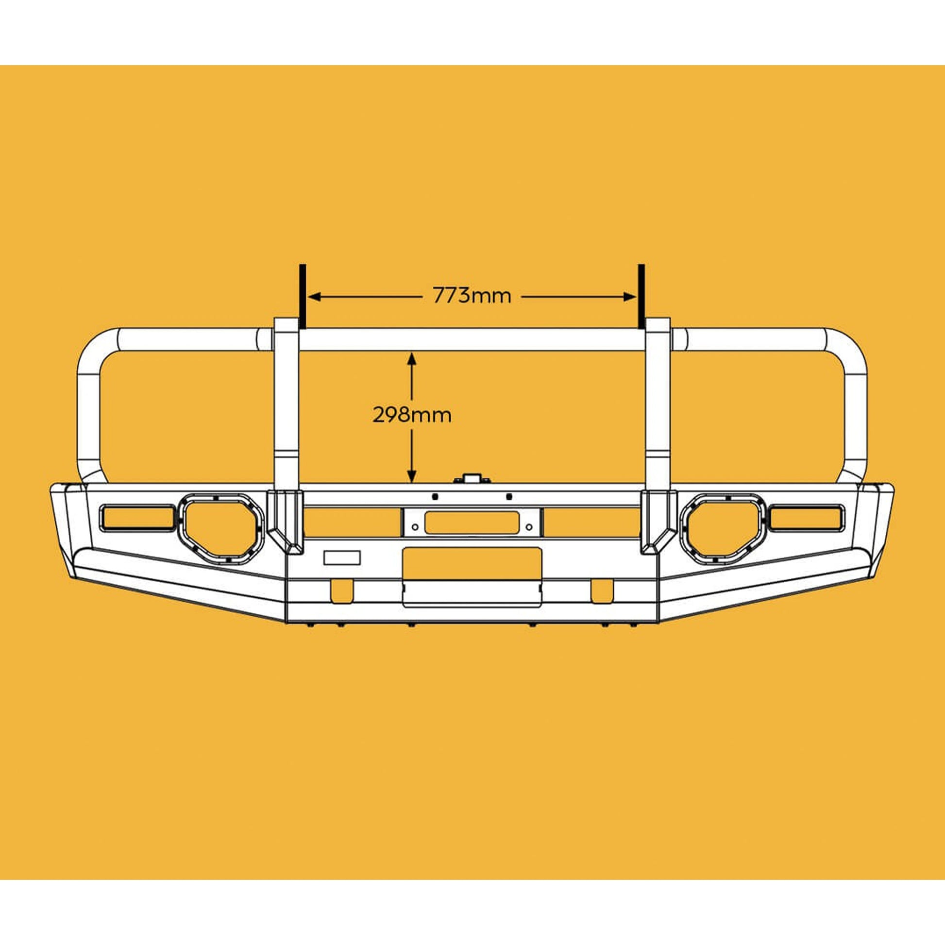 product front view oxley fleet bull bar for toyota landcruiser 70 single cab matte black finish with driving light mounts elevated 4x4