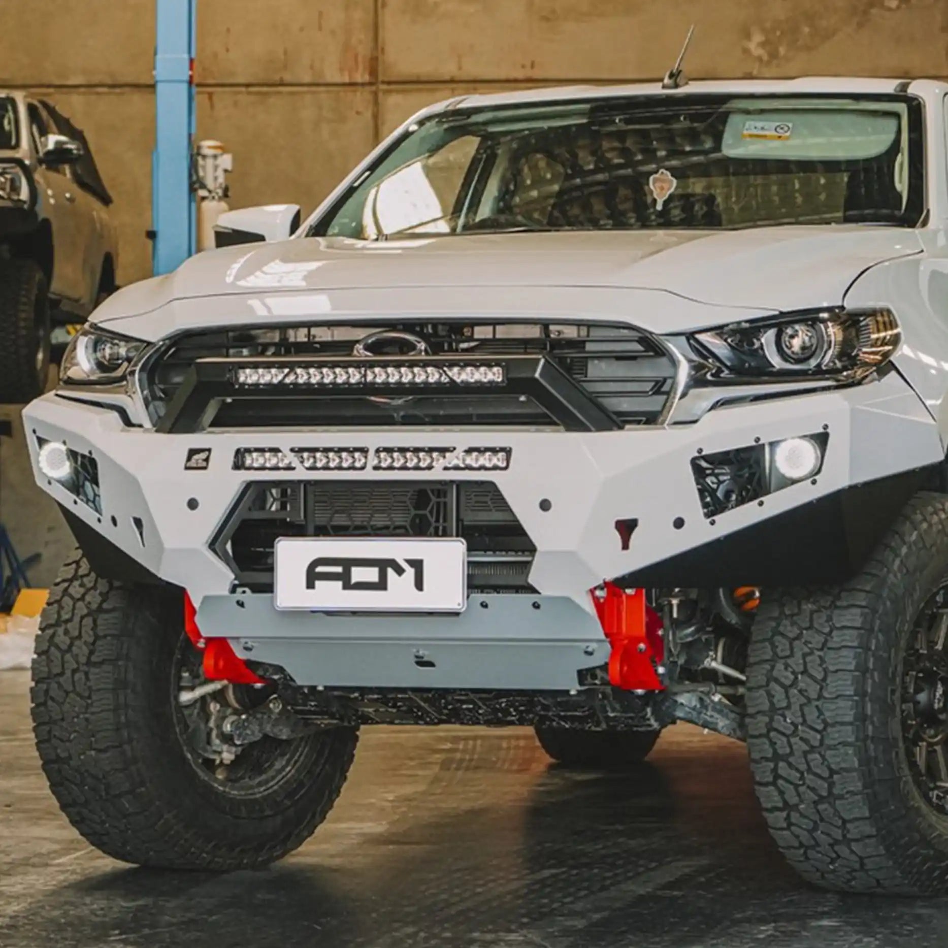 Close-right profile of the Offroad Animal Predator Bull Bar on a Mazda BT-50 2021-on, emphasizing its winch-ready structure, recovery points, and stealth fitment. Elevated 4x4 delivers a premium upgrade for adventurous Australians who want both looks and lasting performance.