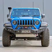 Front view of the Offroad Animal Predator Bull Bar fitted to a Jeep Wrangler JL and JT Gladiator 2019-on, engineered for Australian compliance and rugged style. Elevated 4x4 delivers this aggressive, airflow-optimized bull bar for superior off-road strength, winch capability, and head-turning design.