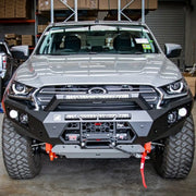 Front view of the Offroad Animal Predator Bull Bar installed on a Mazda BT-50 2021-on, showcasing its aggressive design, airflow efficiency, and winch-ready build. Elevated 4x4 delivers the ultimate front-end protection and performance solution for Australian 4WD owners who demand strength, safety, and standout style.