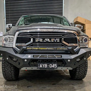 Front view of the Offroad Animal Predator Bull Bar on a Ram 1500 DS, showcasing its aggressive full-width steel design and perfect integration. Crafted by Elevated 4x4, this bull bar enhances airflow, protection, and off-road performance while keeping a bold, rugged aesthetic fit for Australian adventures.