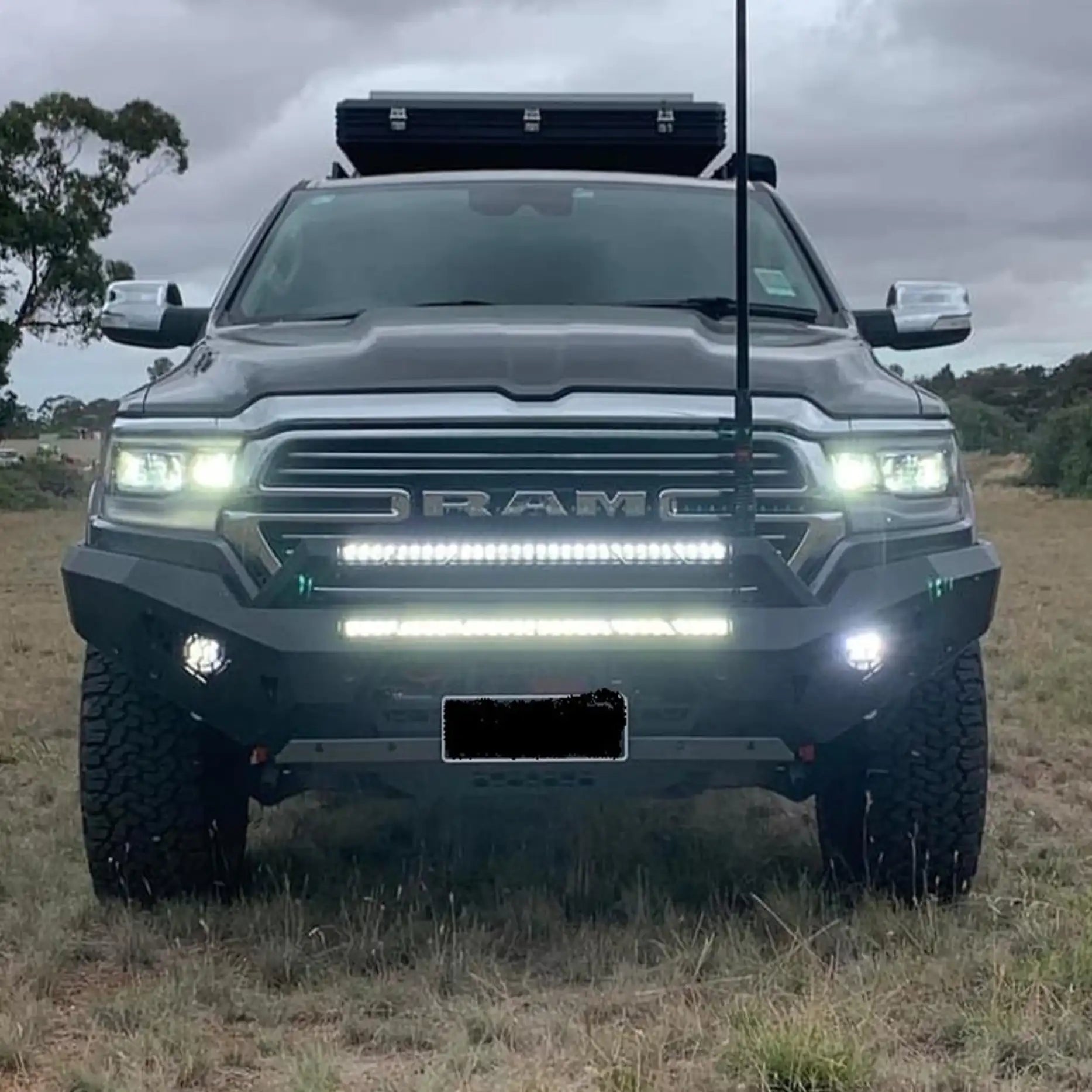 Front view of the Offroad Animal Predator Bull Bar installed on a Ram 1500 DT, highlighting its rugged steel design and perfect fitment. Engineered by Elevated 4x4, this bar enhances airflow, protection, and winch compatibility — delivering aggressive styling and superior off-road readiness for Australian 4WD conditions.