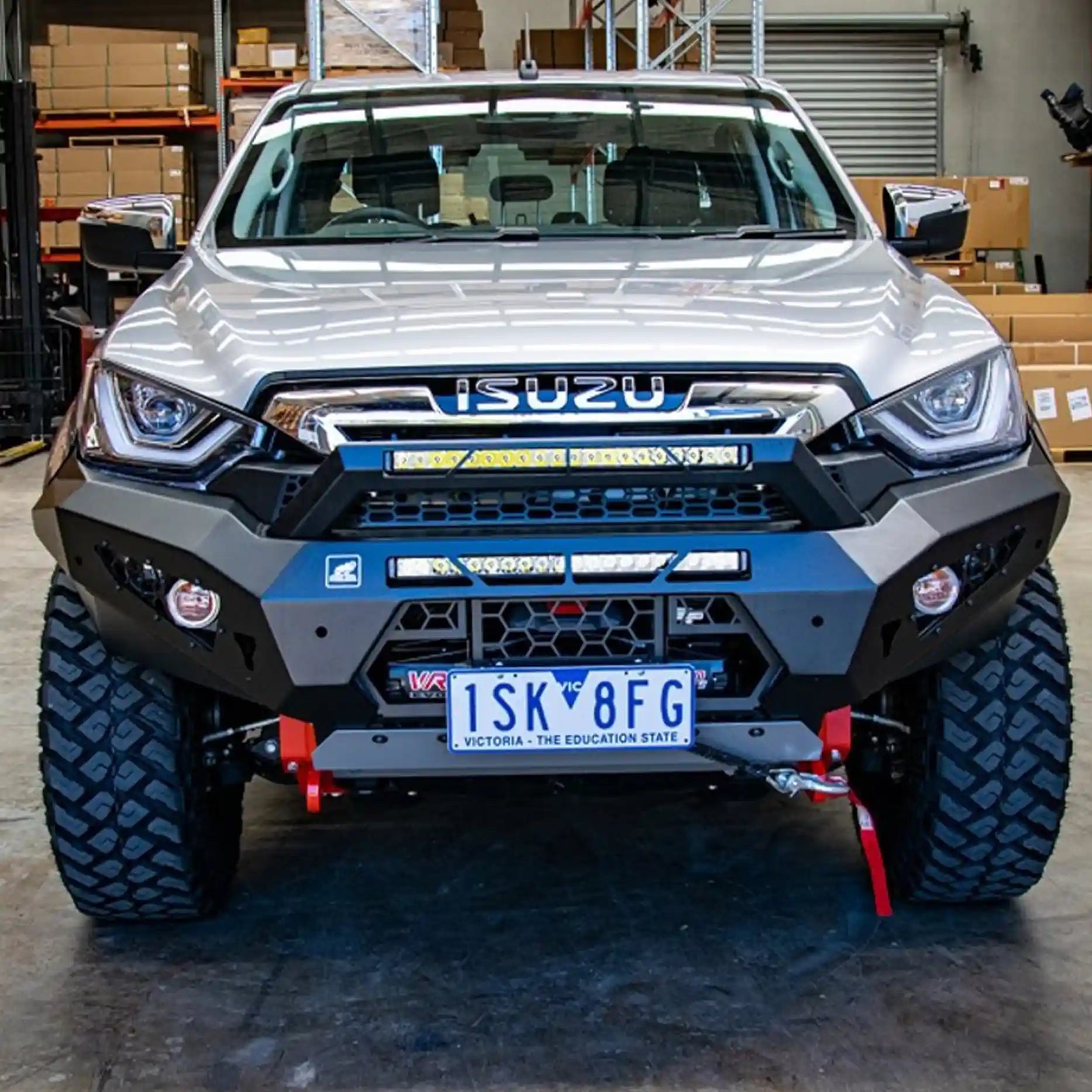 Front perspective showing the Predator Bull Bar with stealth hoop and LED light bar capability, fitted to an Isuzu D-MAX 2021 by Elevated 4x4. This high-performance 4WD accessory combines lightweight steel strength, modern airflow efficiency, and a bold aesthetic — built to solve protection, cooling, and style challenges for serious Australian off-roaders.