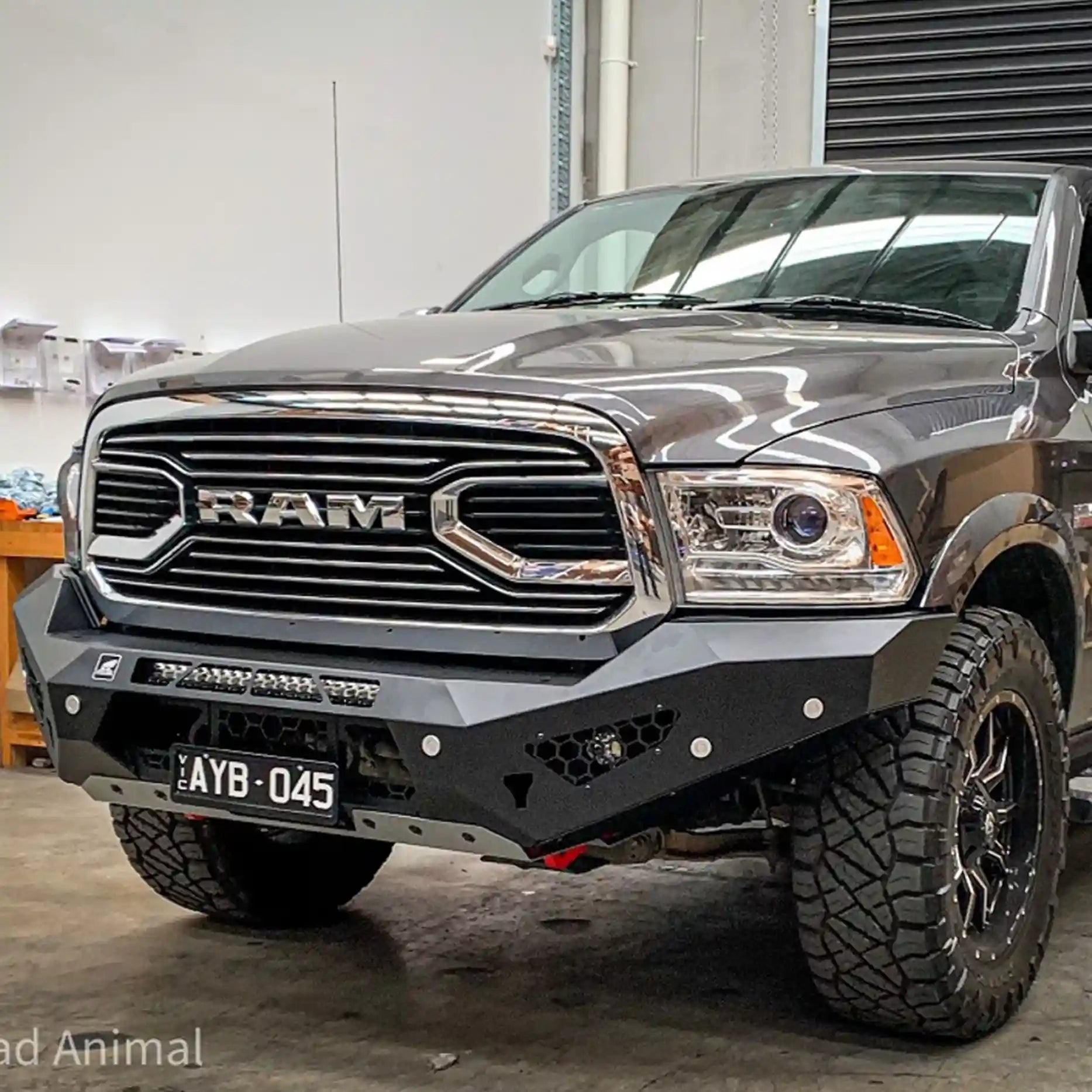 Left-angle view of the Offroad Animal Predator Bull Bar installed on a Ram 1500 DS, emphasizing its aerodynamic contours and aggressive stance. Designed by Elevated 4x4 for superior durability, airflow, and winch readiness, this bar combines functionality with head-turning style for serious off-roaders.