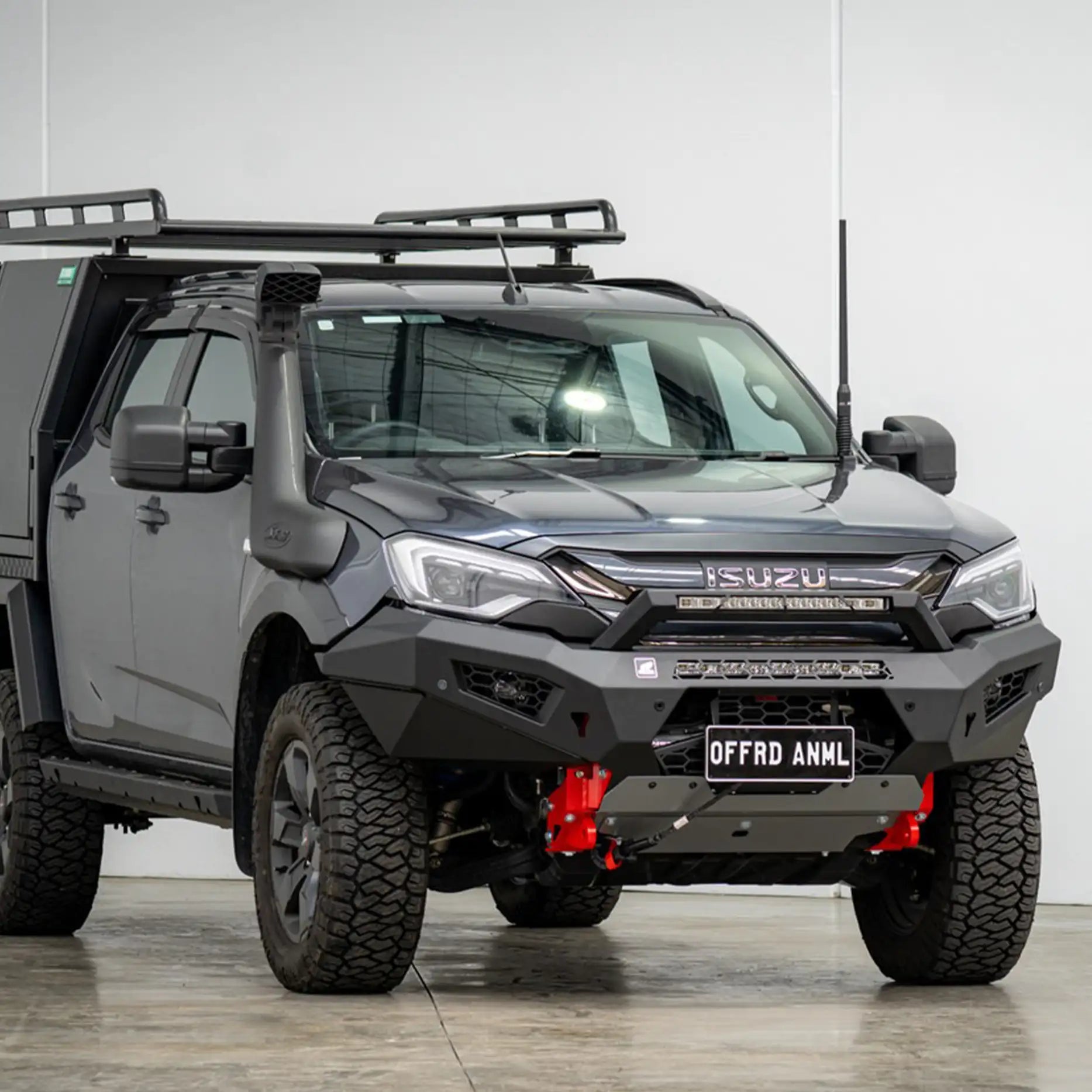 Left-angle shot showing the Offroad Animal Predator Bull Bar with stealth hoop and LED light bar fitment on a 2024 Isuzu D-MAX, expertly fitted by Elevated 4x4. This setup combines bold aesthetics with engineered airflow and sensor-friendly design, delivering a smarter, tougher front-end solution that lets Australian 4WD owners dominate both highways and trails.