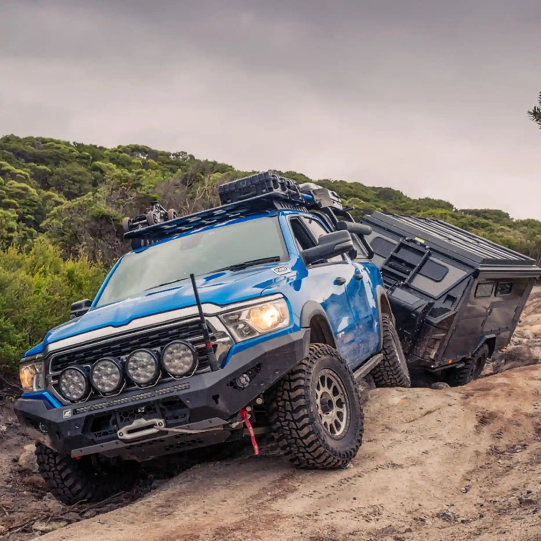 Offroad shot of the Offroad Animal Predator Bull Bar fitted to a Ram 1500 DT, showcasing its strength and aggressive stance in rugged terrain. Crafted by Elevated 4x4, this bar is designed for peak durability, perfect airflow, and elite off-road performance across Newcastle, Hunter Valley, and the Central Coast.