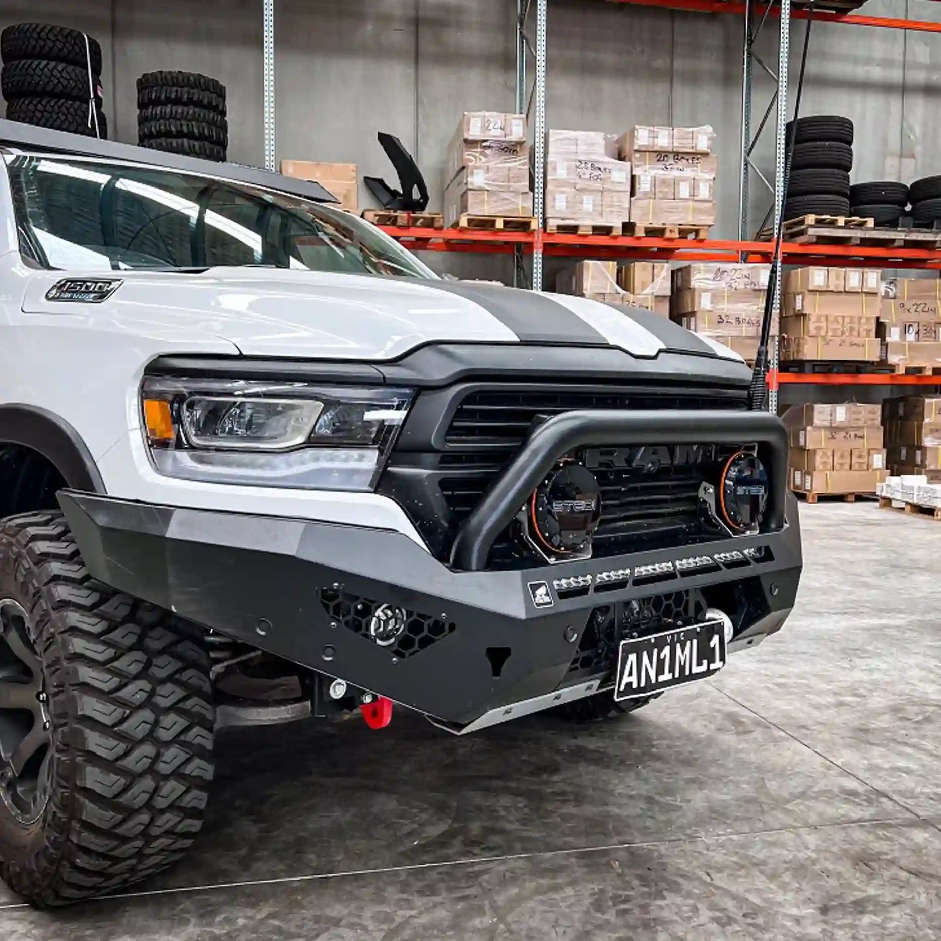Close-up right view of the Offroad Animal Predator Bull Bar on a Ram 1500 DT, detailing the precision welds, fog light mounts, and recovery points. Elevated 4x4’s craftsmanship ensures exceptional durability, seamless integration, and standout looks — the ultimate upgrade for serious off-roaders in NSW.