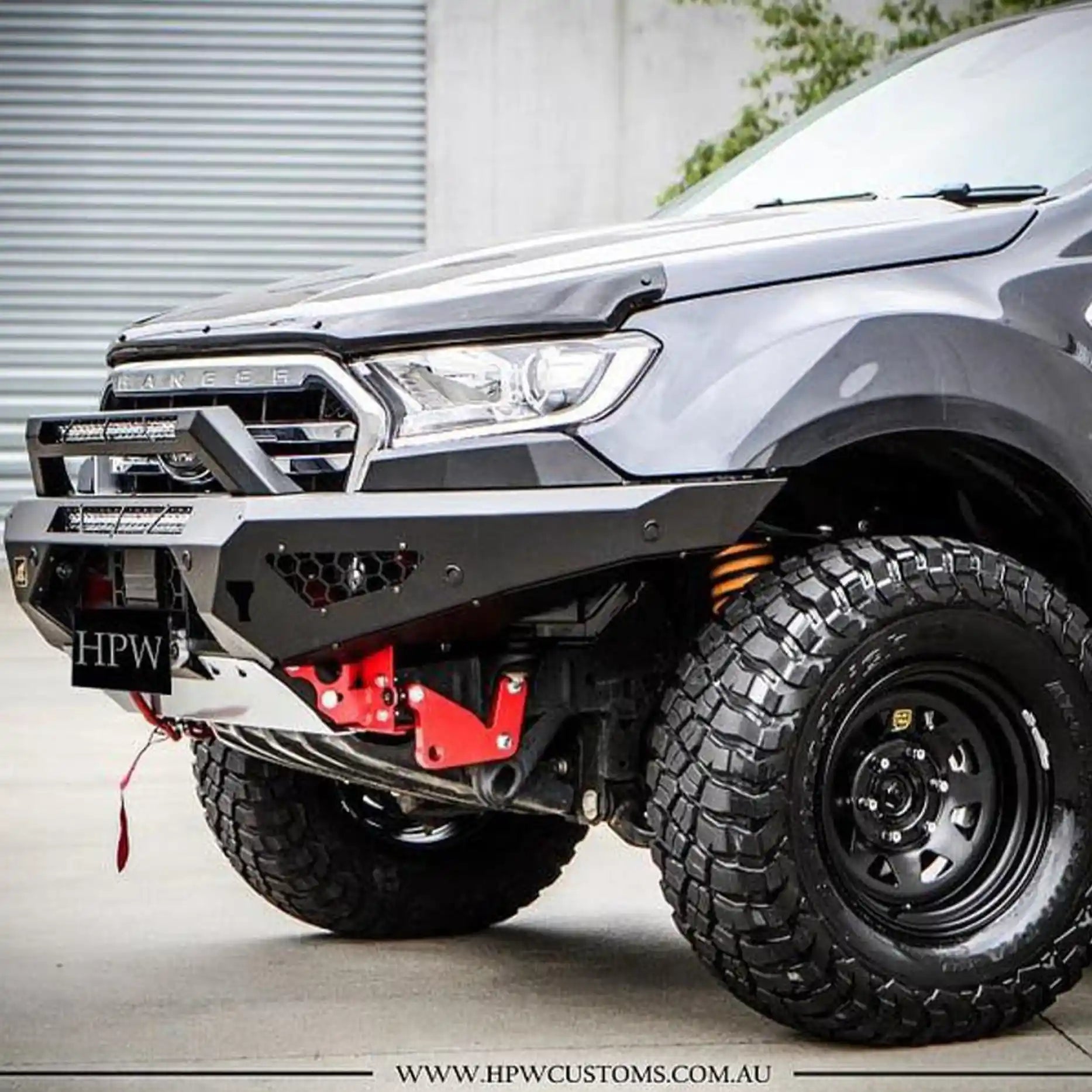Right-side view of the Offroad Animal Predator Bull Bar on a Ford Ranger PX3, designed with LED light bar compatibility and integrated winch mount. This advanced bull bar from Elevated 4x4 delivers a perfect blend of form and function, offering ADR compliance, strength, and a modern off-road look suited to Australian conditions.