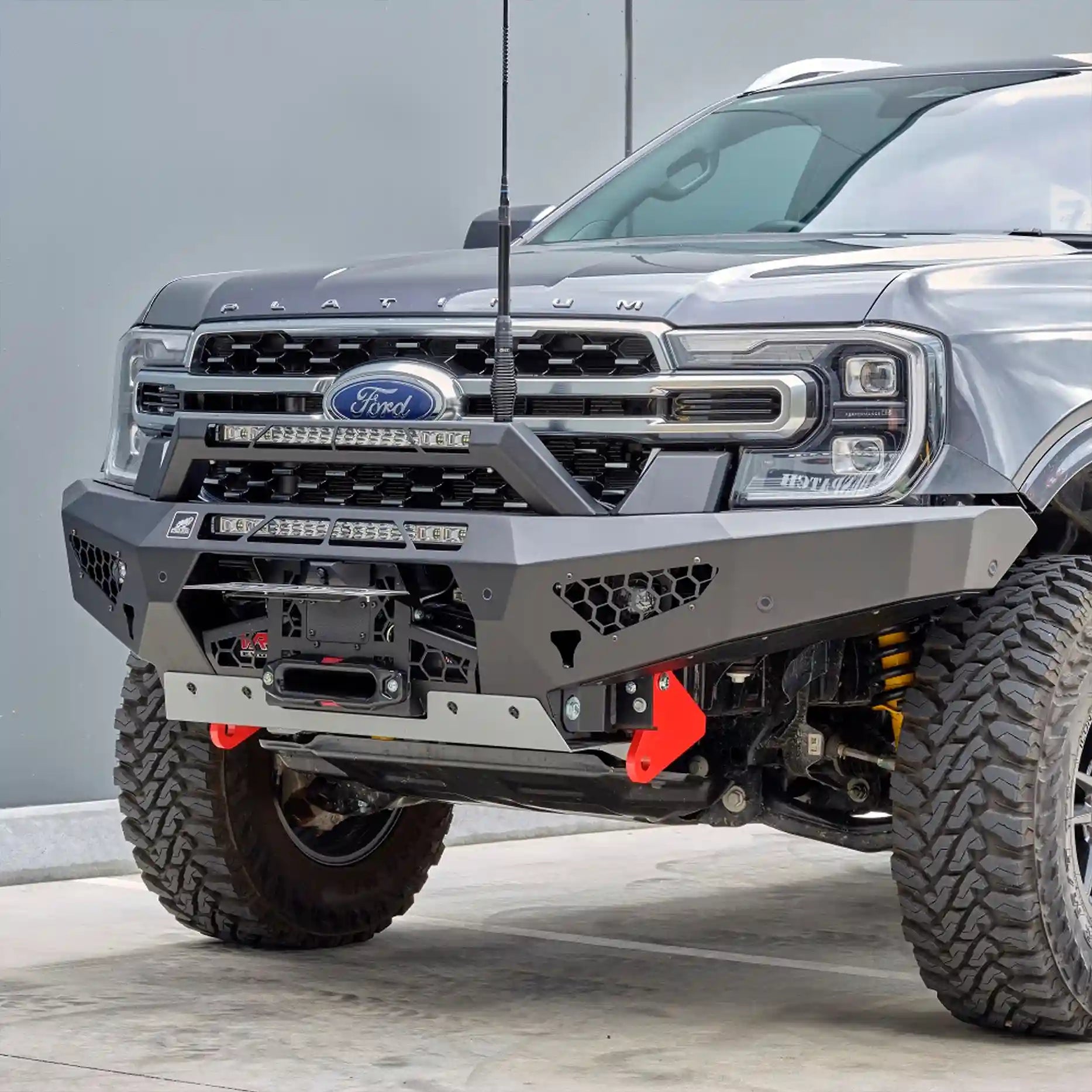 Colour-coded version of the Offroad Animal Predator Bull Bar on the Ford Ranger Next Gen RA, showcasing its seamless integration with the vehicle’s body lines. This premium bumper replacement from Elevated 4x4 enhances both aesthetics and functionality, combining lightweight steel design with ADR compliance and perfect airflow for Australian off-road use.