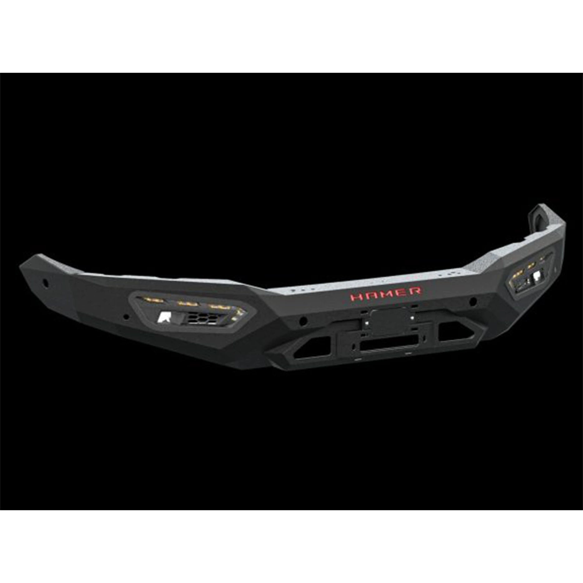 Product-only image of the Hamer Atlas Series Bull Bar for Ford Ranger Raptor, matte black finish with winch compatibility up to 12,000 lb and number plate flip included.