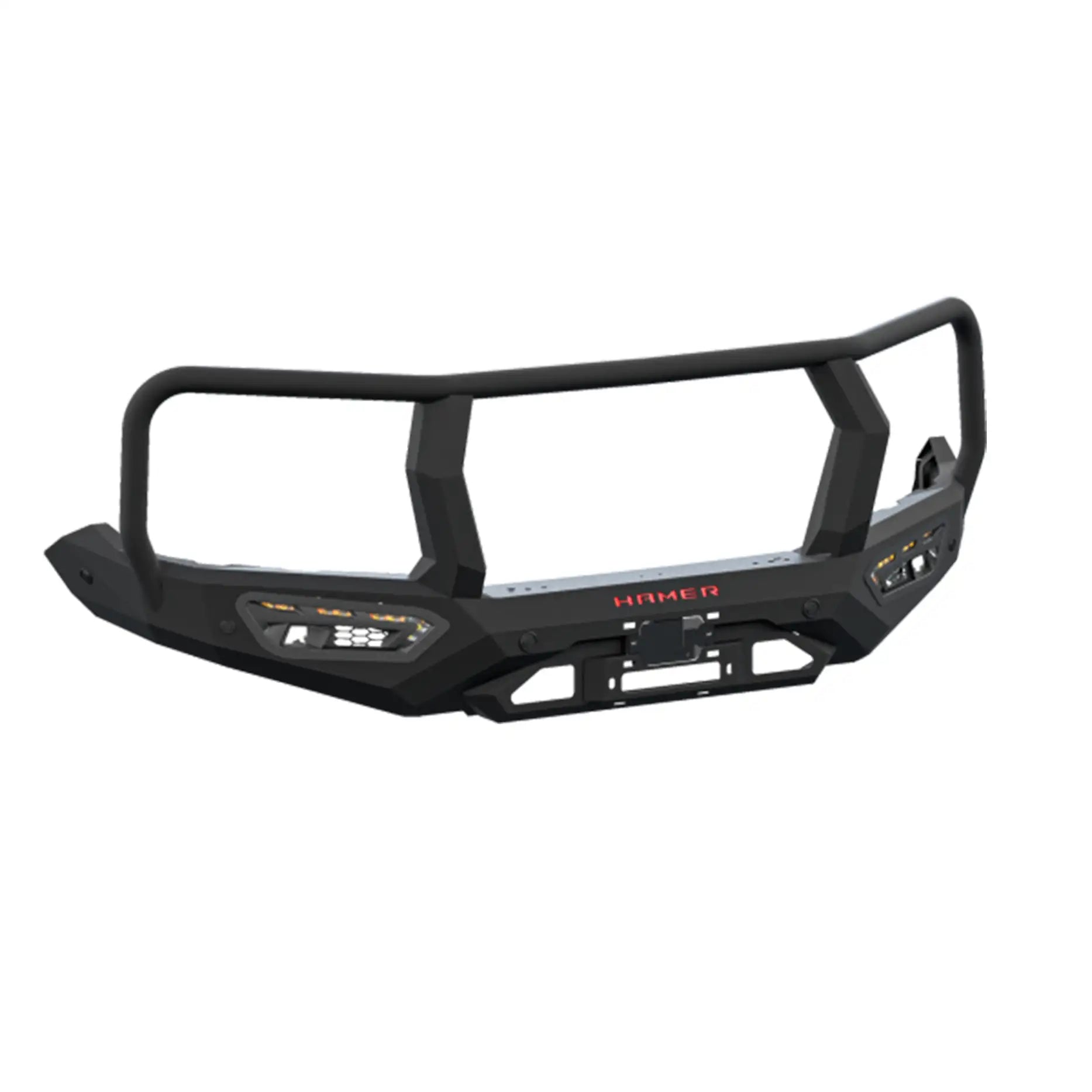 Product-only image of the Hamer Atlas Series Plus Bull Bar for Ford Ranger Raptor, finished in matte black powder coat with winch compatibility up to 12,000 lb and 3-piece splash guard included