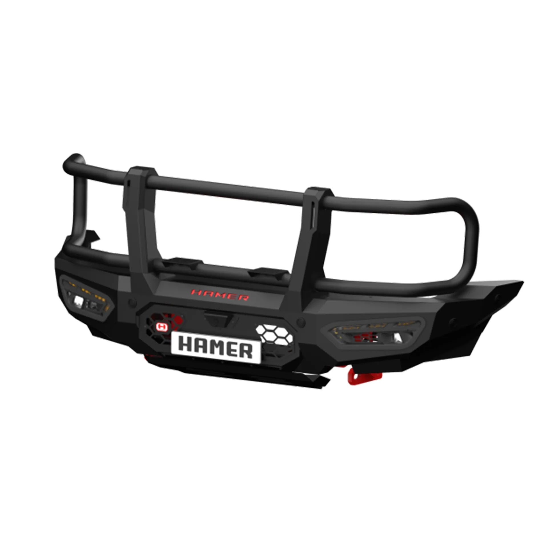 Product image of the Hamer Atlas Series Plus Bull Bar for GWM Tank 300, finished in matte black with integrated LED lighting system, winch lever access, and mounting points for lights and aerial.
