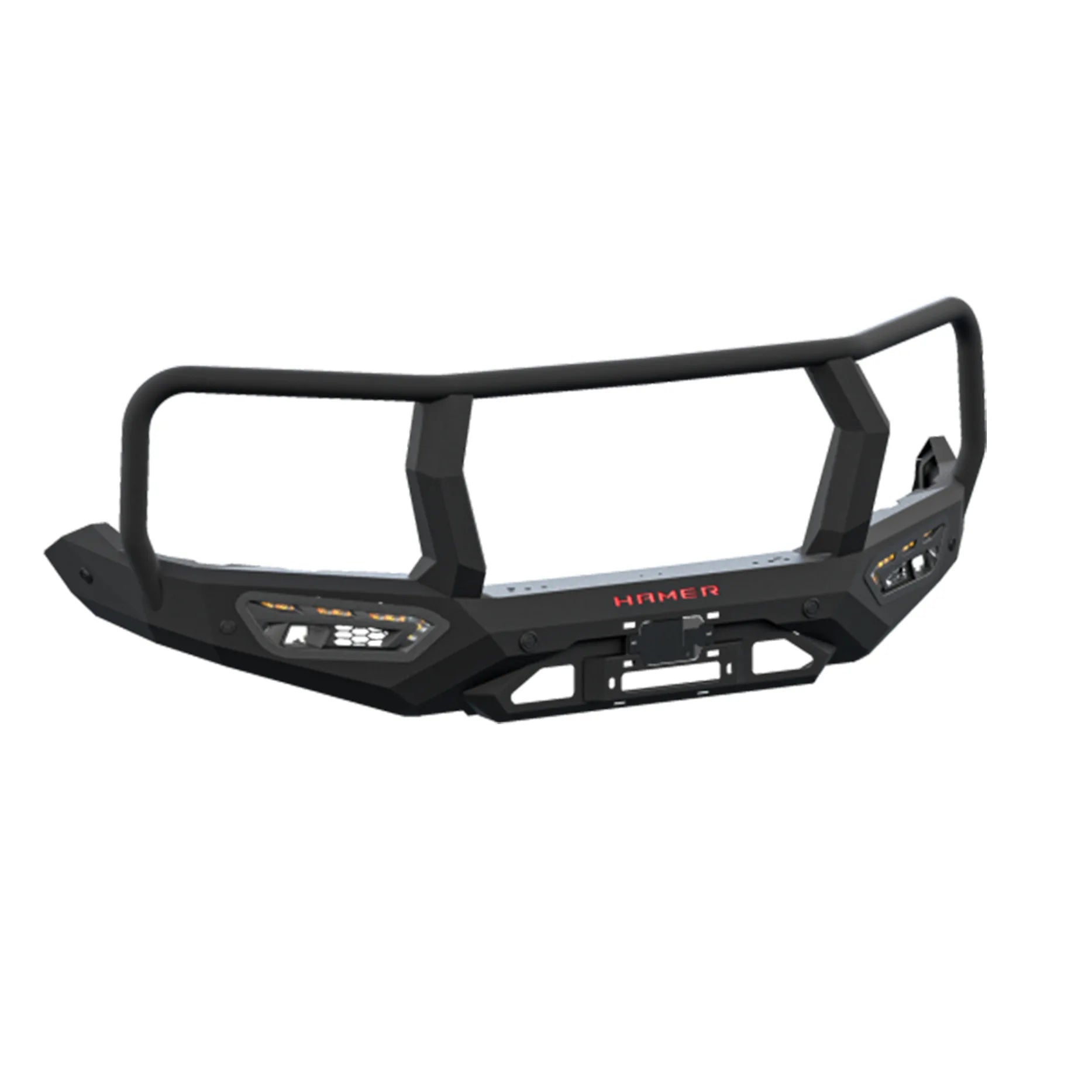 Product-only image of Hamer Atlas Plus Series Bull Bar for Isuzu MU-X (2025 – Present), featuring 3.5T rated recovery points, ADR compliance, E-Mark certified LED lights, winch access, and matte black finish.