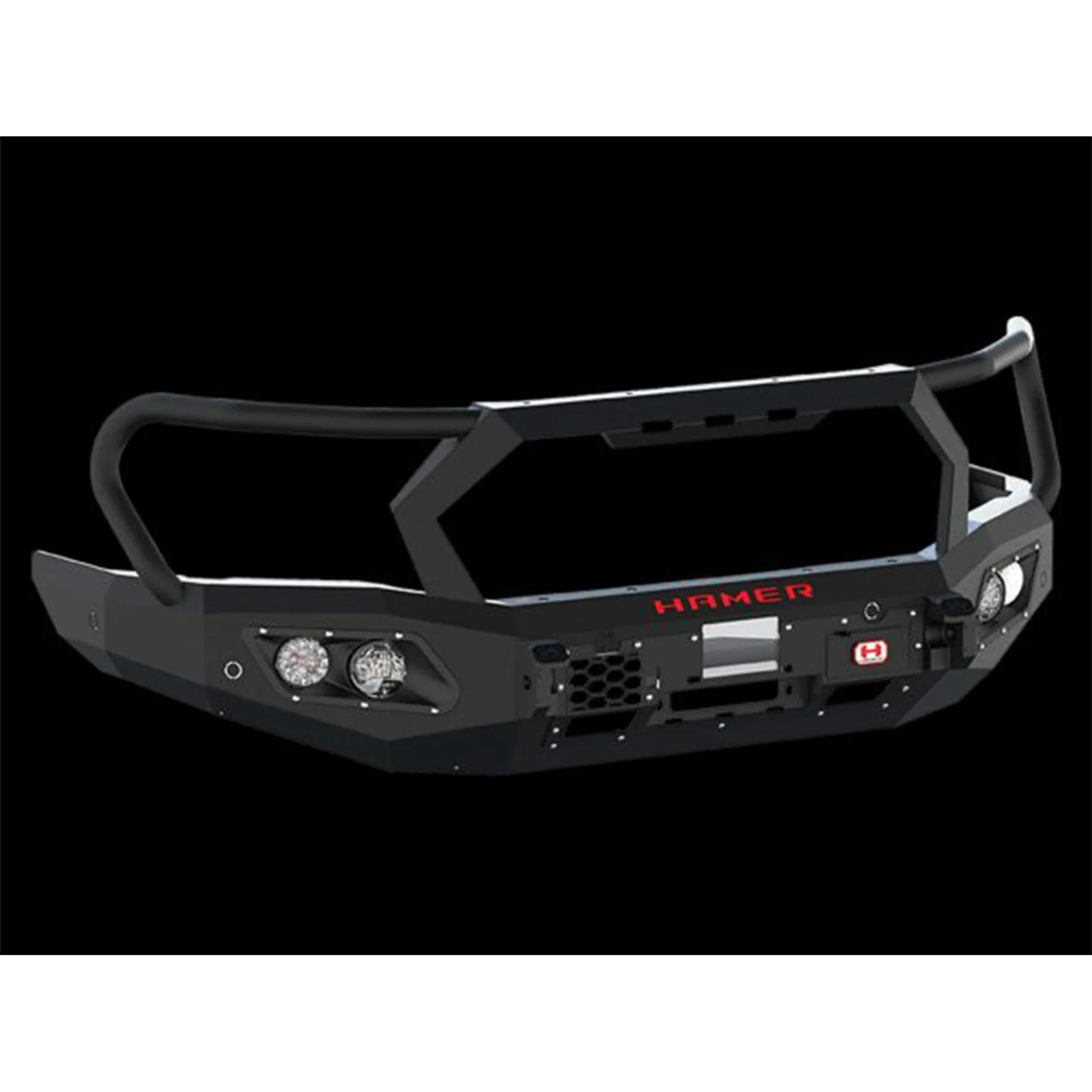Product-only image of the Hamer King Series Plus Bull Bar for GWM Tank 300, showing its rugged triple-loop design, winch compatibility up to 12,000 lb, and premium matte black finish.