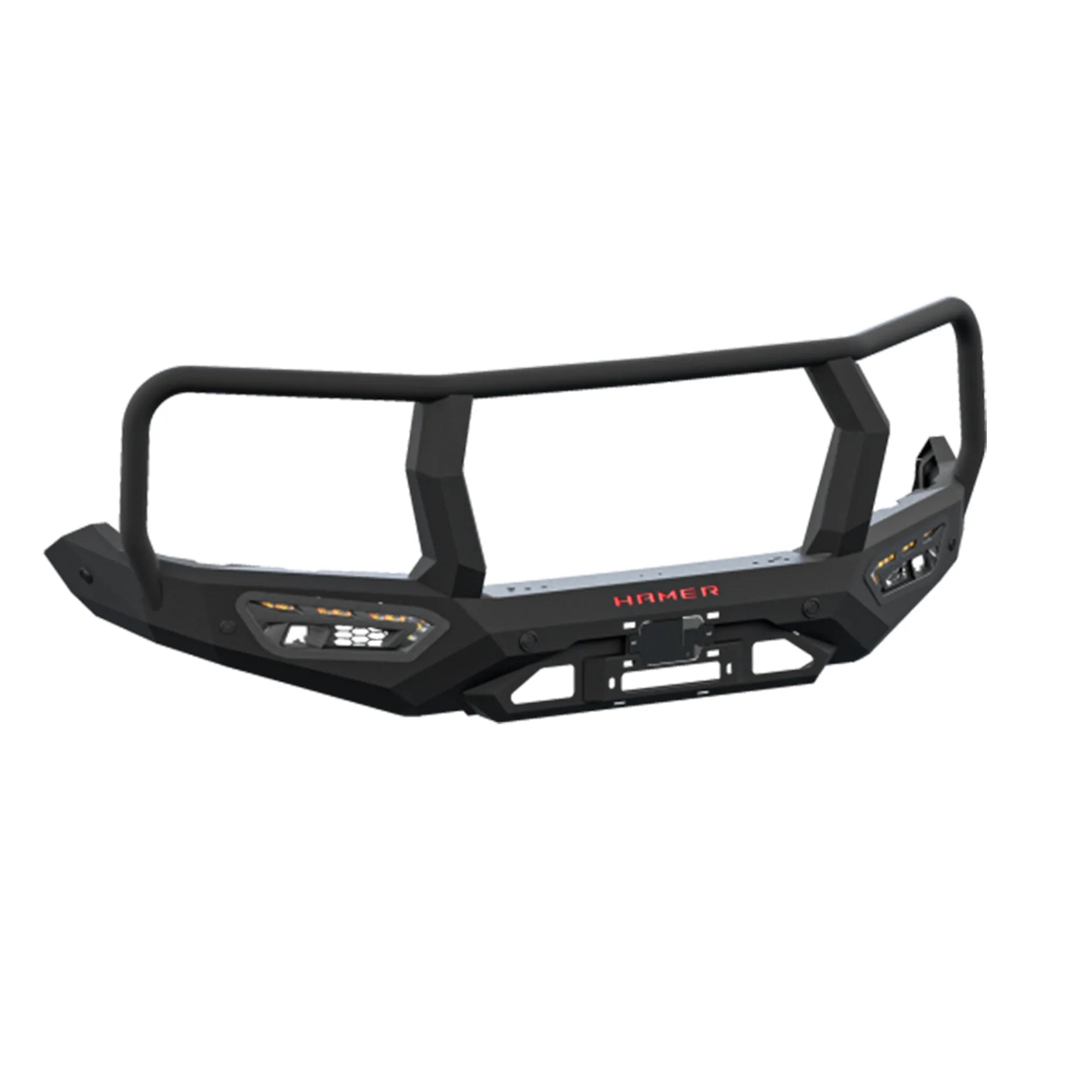Product-only image of Hamer Atlas Plus Bull Bar for Toyota Landcruiser Prado 250 Series (2024 – Present), complete with 3-piece splash guard, aerial mounts, and sleek matte black finish.