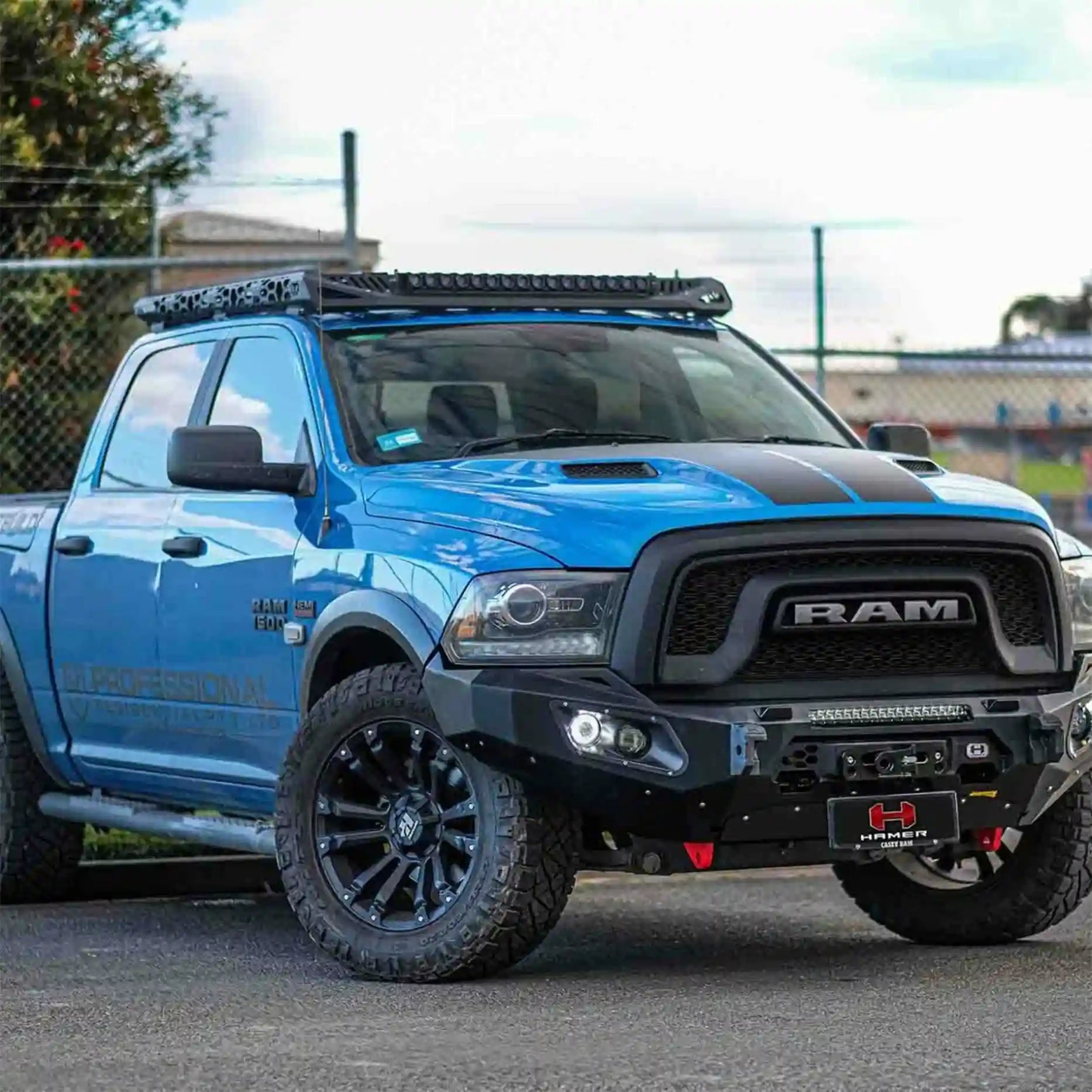 Left side view of Ram 1500 DS fitted with Hamer King Bull Bar, featuring recovery points and sleek design.