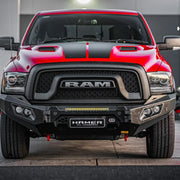 Front view of Ram 1500 DS with Hamer King Series Bull Bar, 3mm steel, ADR compliant, rugged matte black finish.