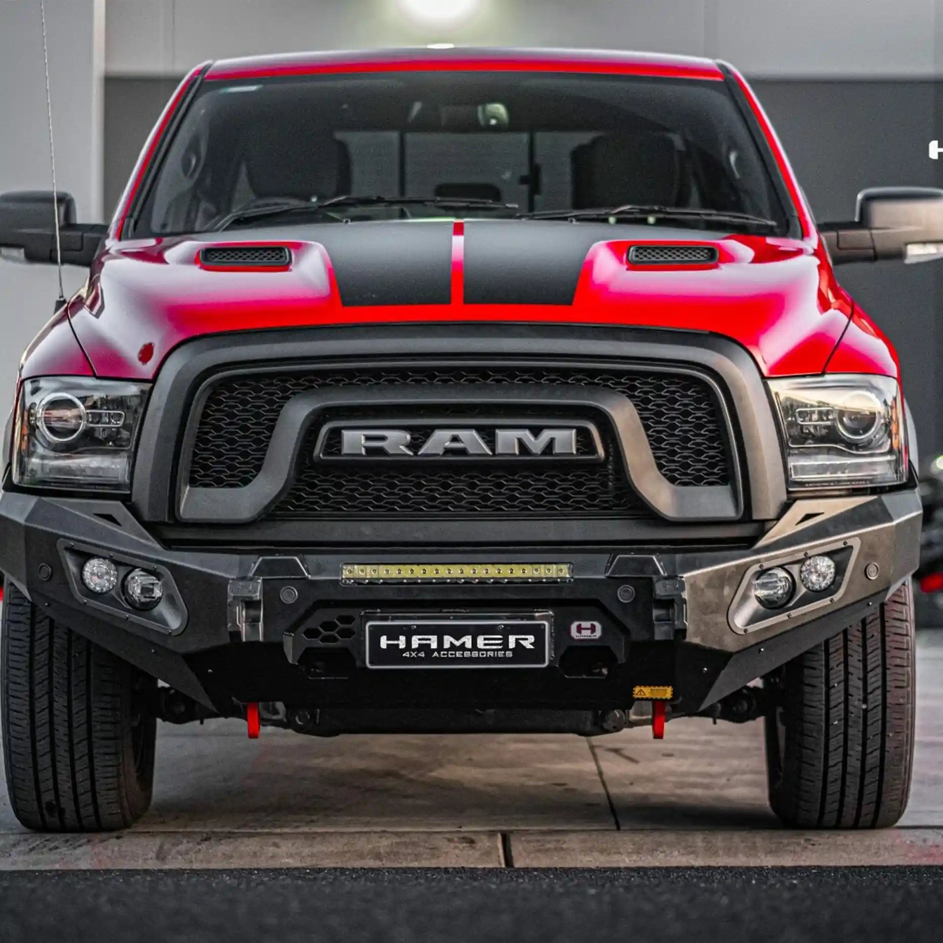 Front view of Ram 1500 DS with Hamer King Series Bull Bar, 3mm steel, ADR compliant, rugged matte black finish.