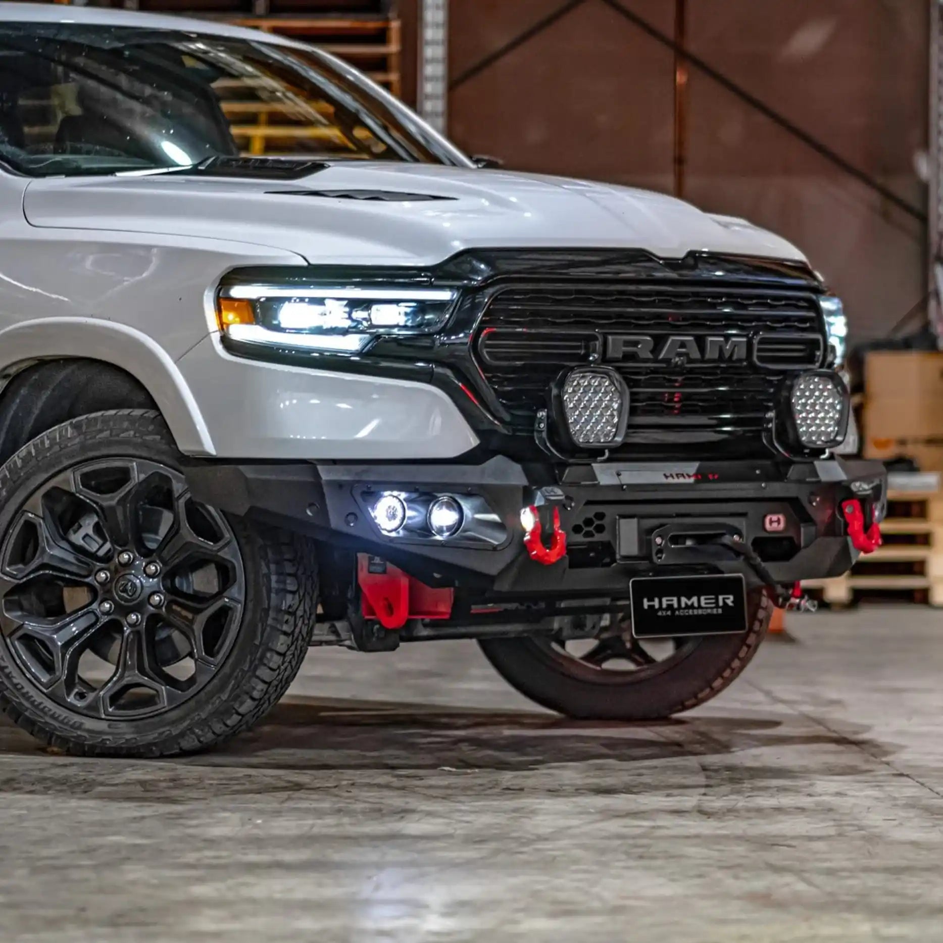 Left side of Ram 1500 DT (2021–Present) equipped with Hamer King Bull Bar, durable 3mm steel plate and sleek integrated design.