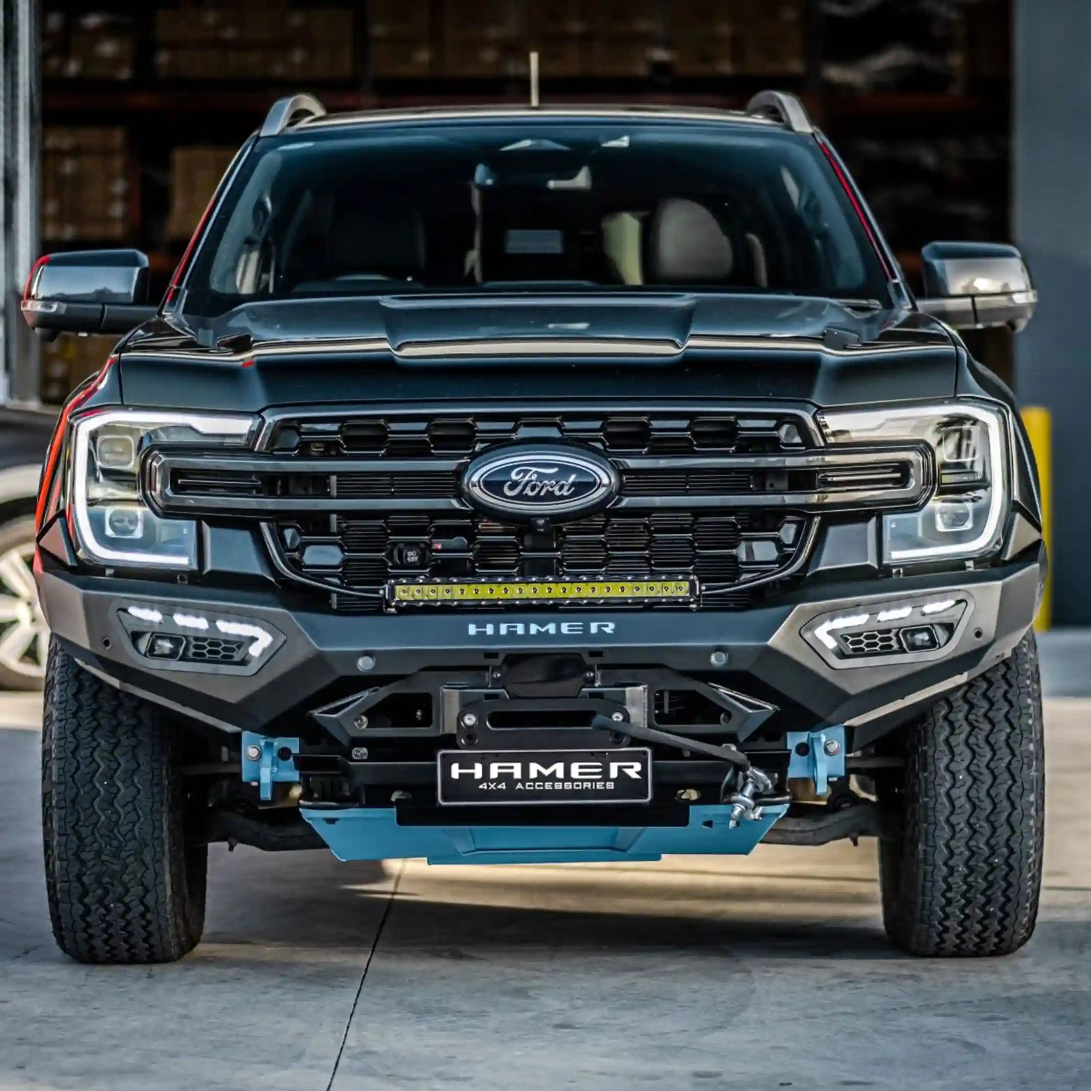 Front installed view of Atlas Series Bull Bar on Ford Ranger (2022–Present) by Elevated 4x4 Australia, showing matte black finish and ADR compliance.