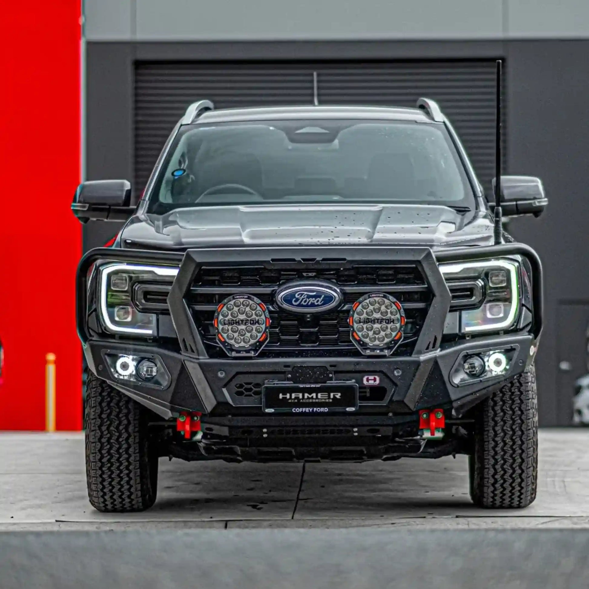 Front angle installed view of Hamer 4x4 King Series Plus Bull Bar on Ford Ranger (2022–Present), highlighting winch access, rated recovery points, and off-road-ready design.