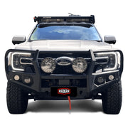RAXAR looped bull bar (Part No: ST35FR22V1) fitted on the Ford Next-Gen Ranger, showing premium protection, tough matte black finish, and ADR-compliant design. This bumper replacement bull bar with underbody bash plates, recovery points, and full winch compatibility is available at Opposite Lock Cardiff for drivers across Newcastle, Maitland, Hunter Valley, Central Coast, Rutherford, Port Stephens, and Nelson Bay.