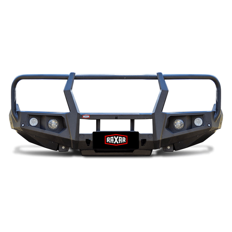 Front view of the RAXAR bull bar designed to suit the Ford Next-Gen Ranger, featuring a split pan design for airflow, fog light compatibility, and high-lift jacking points. Built strong with e-coated and powder-coated matte black steel, this bull bar is engineered for durability and safety, available now at Opposite Lock Cardiff.