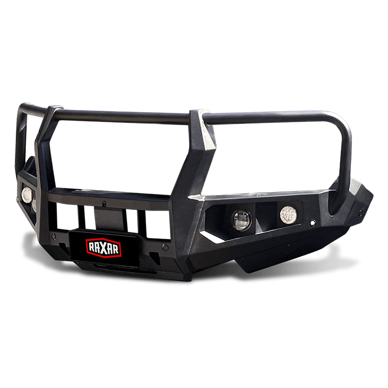Left side angle of the RAXAR bull bar for the Ford Next-Gen Ranger, highlighting recovery points, antenna mounts, driving light provisions, and seamless integration with factory tech pack safety features. Perfect for off-road adventures or worksite use, this heavy-duty 4WD accessory is stocked at Opposite Lock Cardiff for enthusiasts across Newcastle and the Hunter Valley.